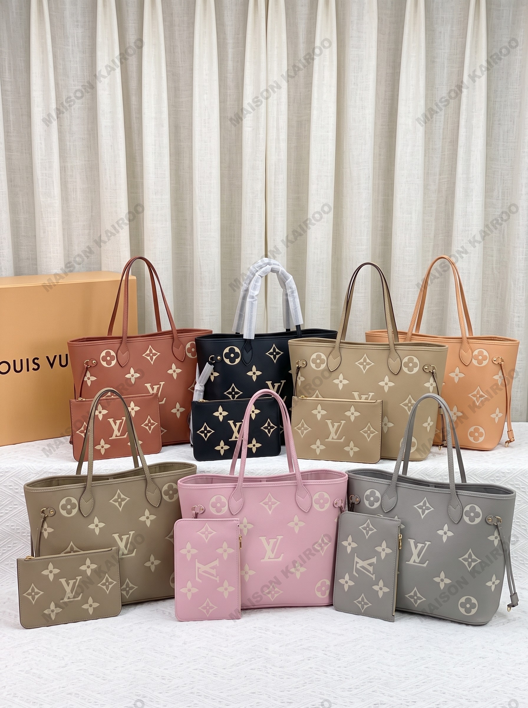 Louis Vuitton LV Neverfull MM Bicolor Giant Logo Monogram Empreinte Leather Tote Bag With Pouch - KAIROO
