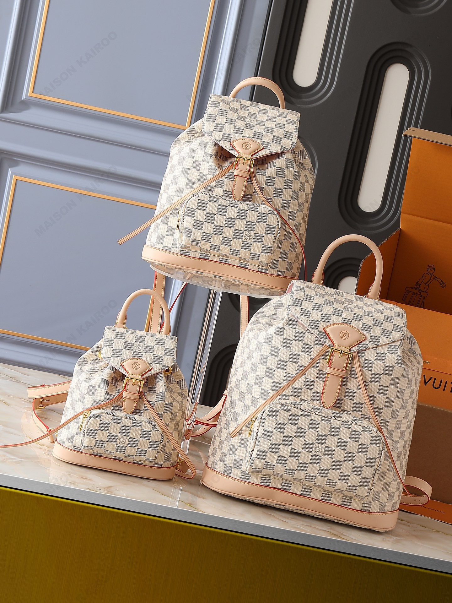 Louis Vuitton LV Montsouris Damier Azur Canvas Vachetta Leather Buckle Drawstring Backpack - KAIROO