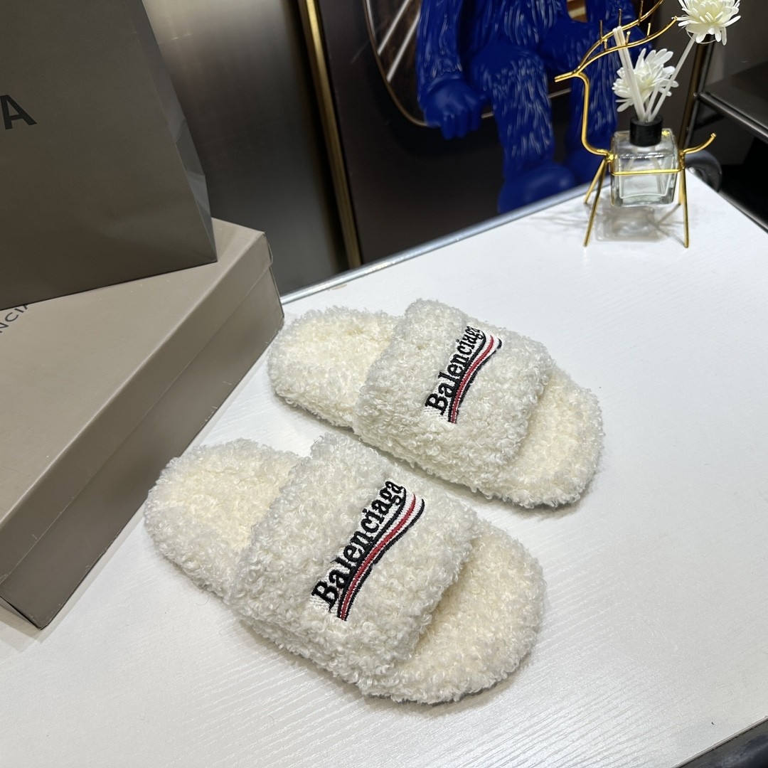Balenciaga Political Campaign Teddy Curly Fleece Embroidered Wave Logo Shearling Slippers - KAIROO