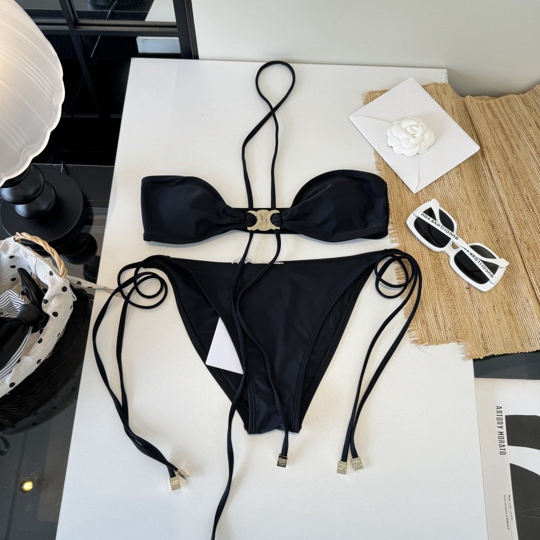 Celine Black Halter Bandeau Triomphe Hardware Jersey Bikini Set Swimwear - KAIROO