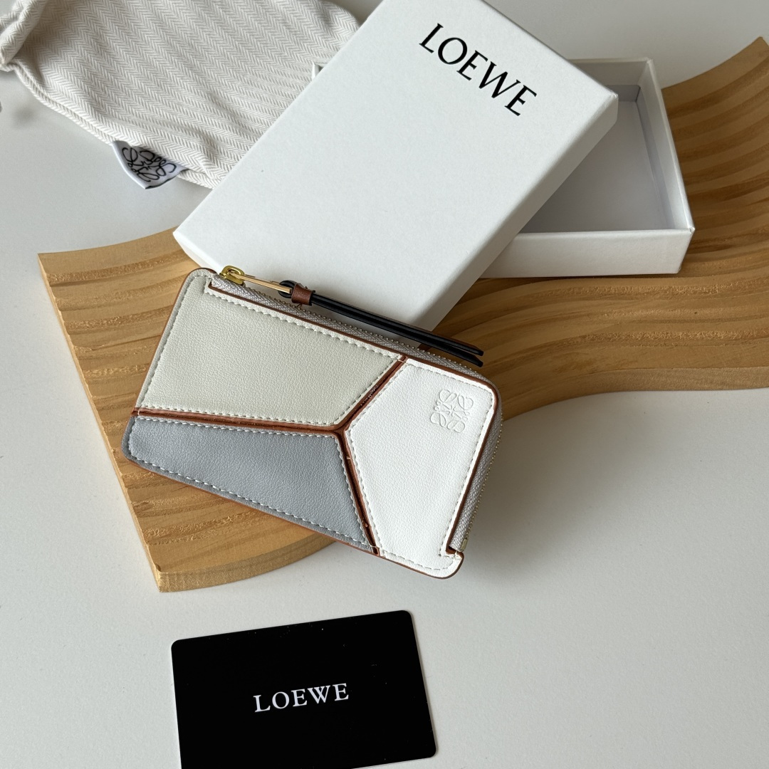 Loewe Puzzle Multicolor Patchwork Geometric Leather Zip Coin Cardholder Wallet - KAIROO