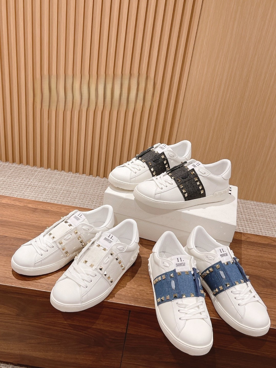 Valentino Garavani Untitled  Open White Leather Gold Rockstud Band Sneakers - KAIROO
