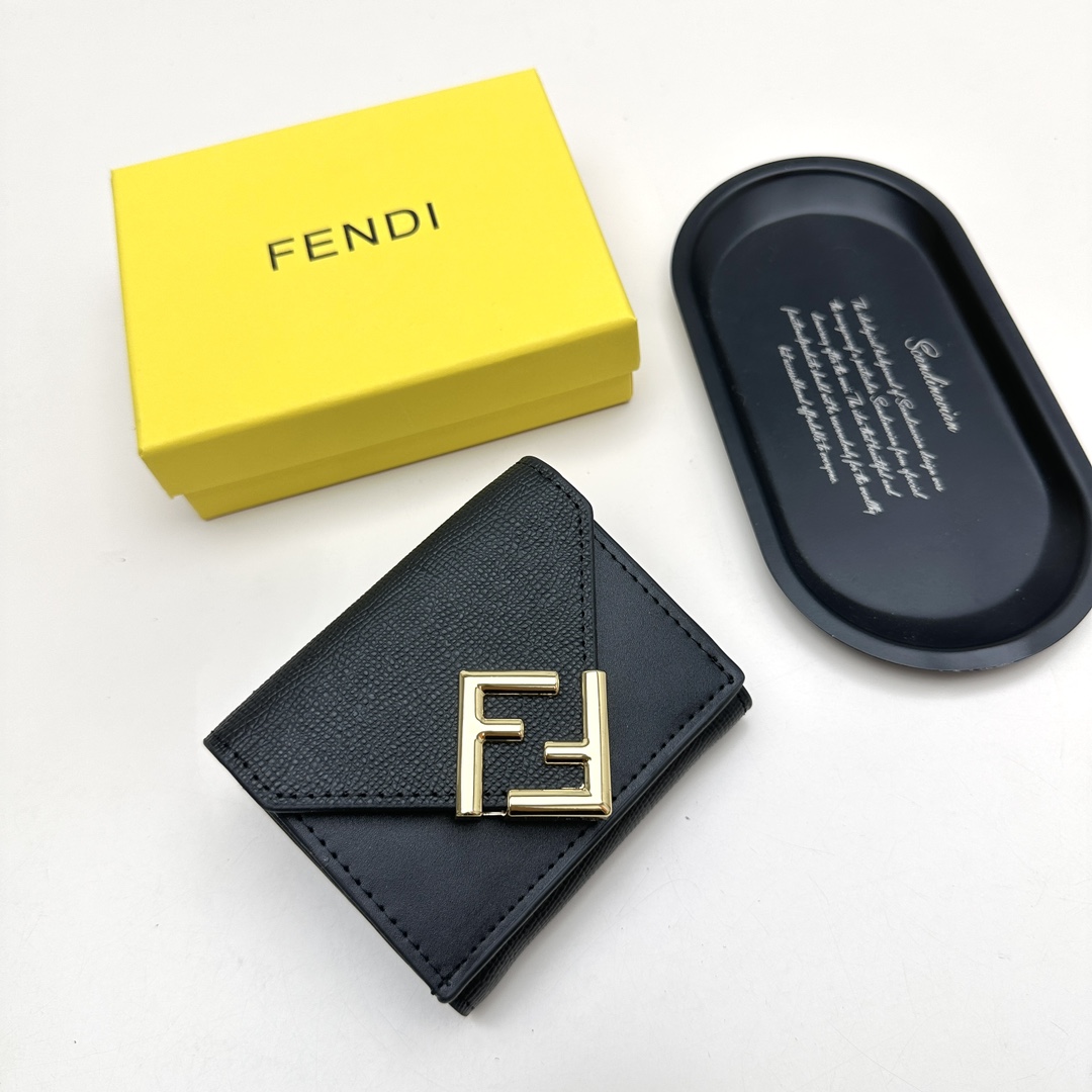 Fendi Black Envelope Flap Grained Leather Trifold Wallet with Gold-Tone F Logo - KAIROO