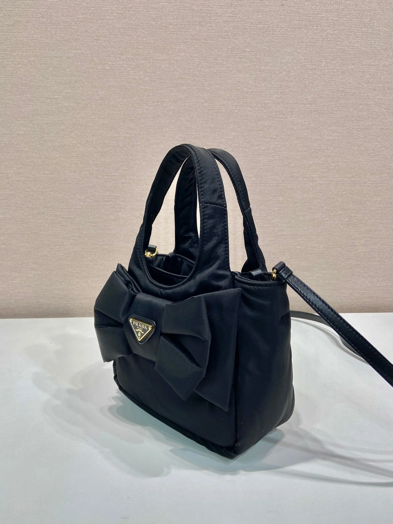 Prada MINI BOW TOTE BAG 18 IN BLACK PADDED NYLON FABRIC