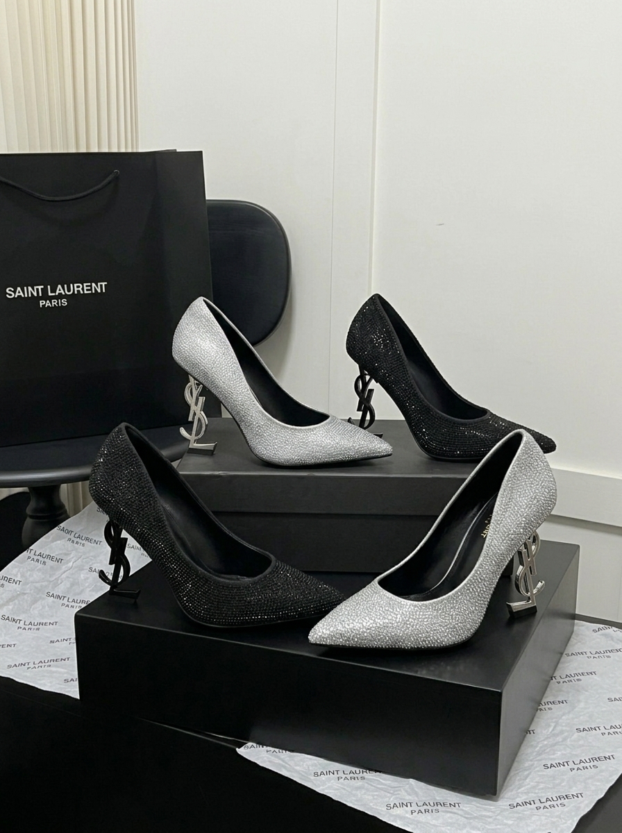 Saint Laurent Opyum Full Crystal Leather Silver & Black YSL Logo Pointed Toe Pumps High Heels - KAIROO