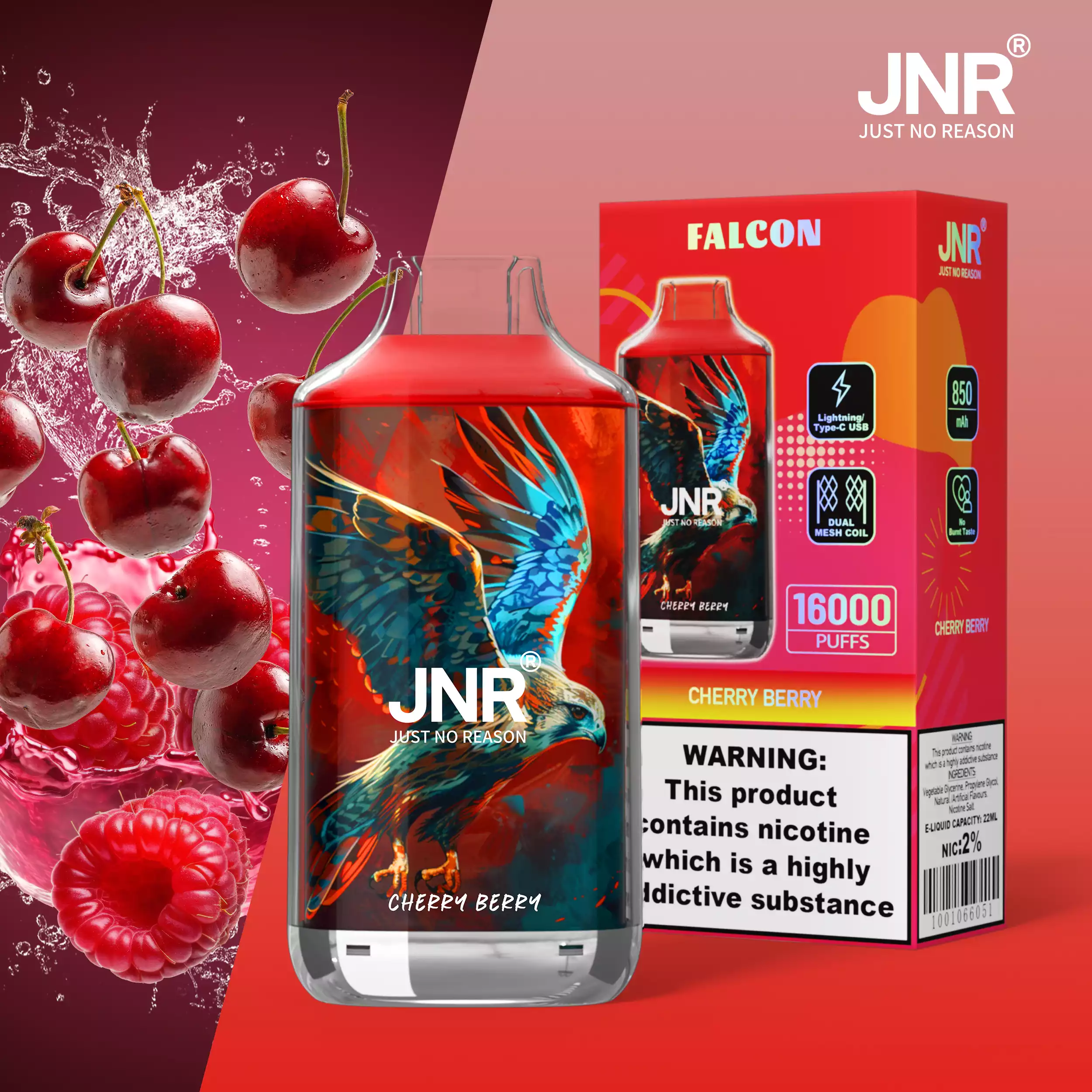 JNR Falcon 16K Rechargeable Disposable Vape – Cherry Berry