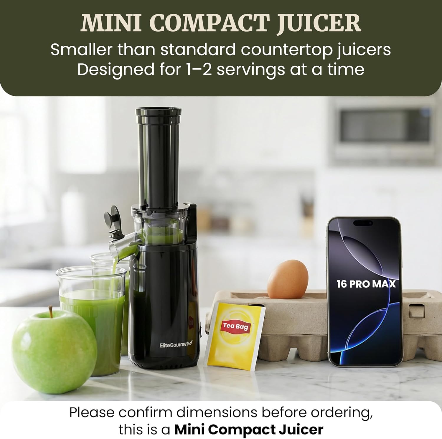 Elite Gourmet EJX600 Mini Compact Small Space-Saving Masticating Slow Juicer Cold Press Juice Extractor, Nutrient and Vitamin Dense, BPA-Free Tritan, Easy to Clean, 16 oz Juice Cup, Charcoal Grey