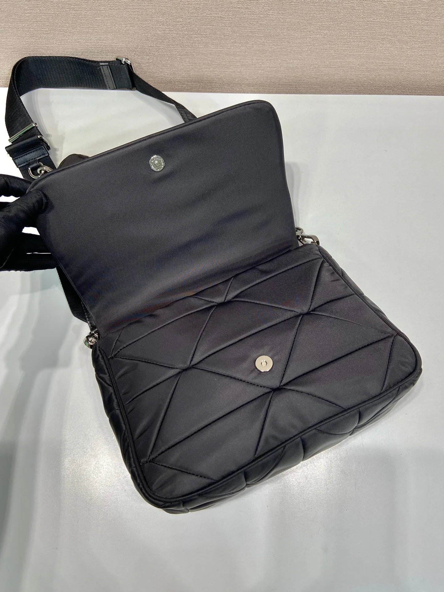 Prada MEDIUM FLAP BAG 24 IN BLACK TRIANGULAR QUILTED PATTERN RE-NYLON