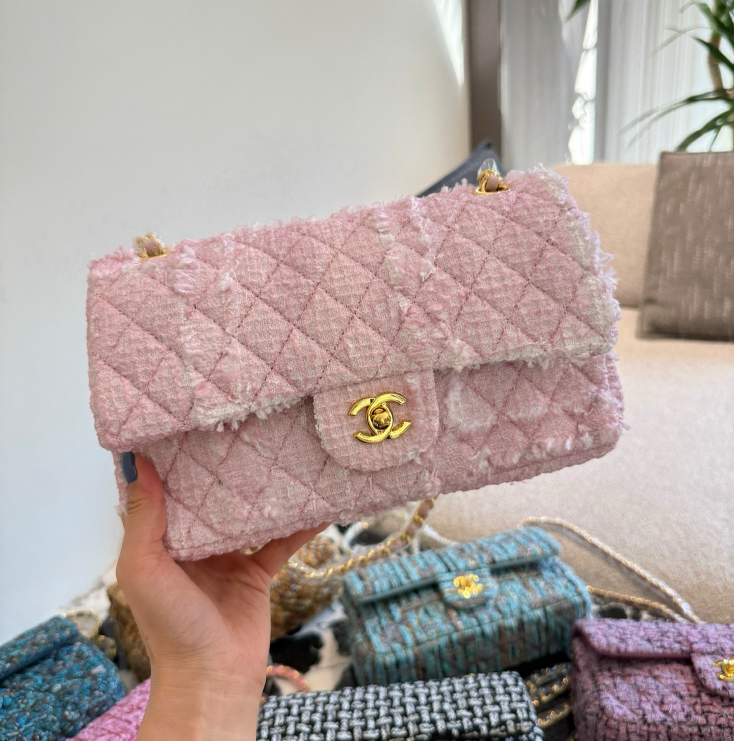 Chanel CF Medium 25CM Multicolor Tweed Quilted Double Flap Chain Shoulder Bag - KAIROO