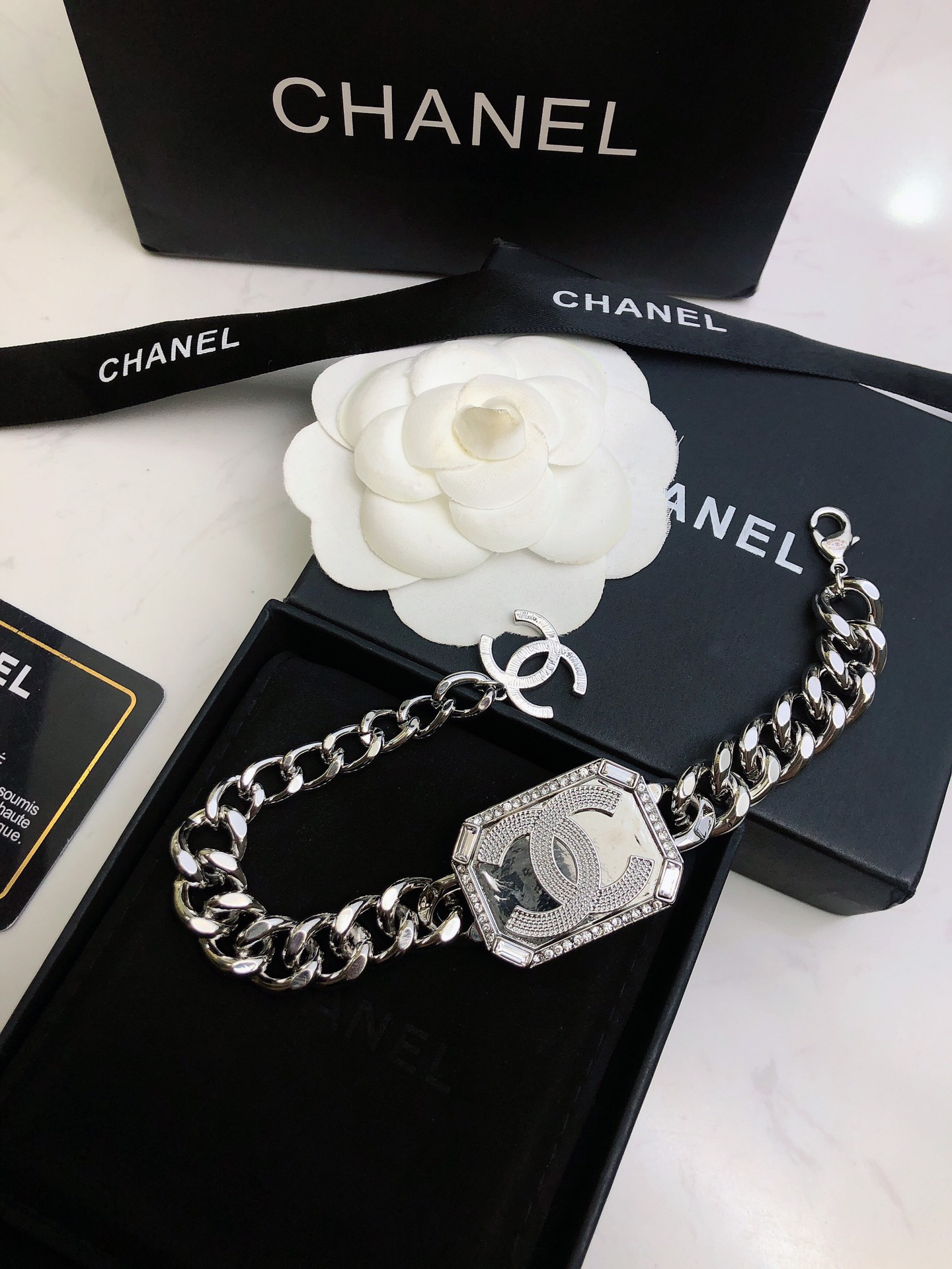 Chanel Silver Mirror CC Cuban Link Baguette Crystal Charm Bracelet Top Version - KAIROO