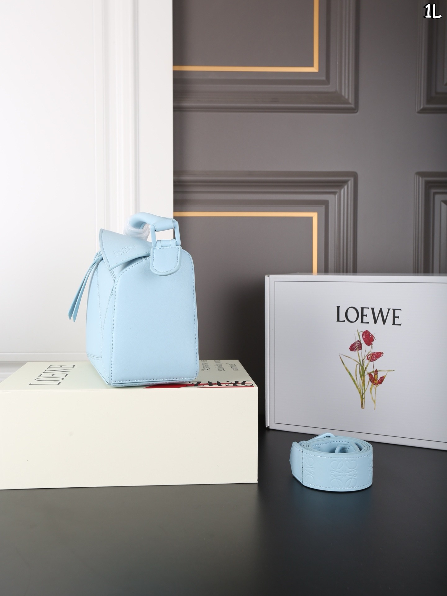 Loewe Small Glacier Blue Puzzle Geometric Satin Leather Embossed Anagram Shoulder Bag - KAIROO