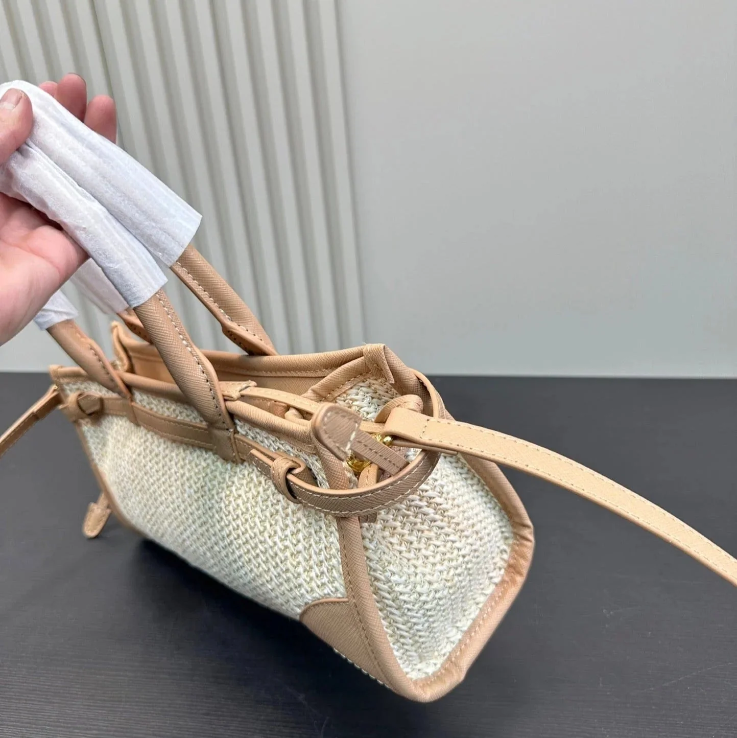 Prada BONNIE SOFT LUX HANDBAG 32 IN BEIGE WOVEN RAFFIA WITH TAN CALFSKIN