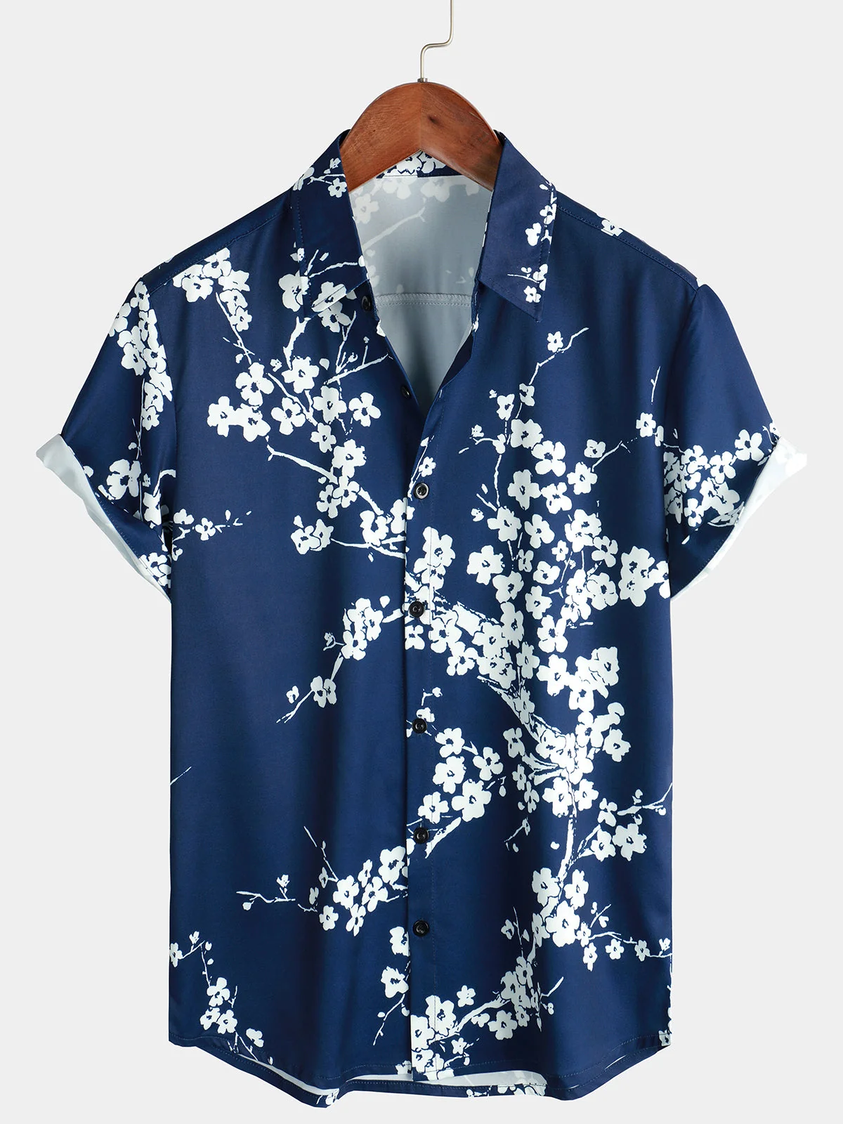 Men's Navy Blue Vintage Floral Print Casual Lapel Short Sleeve Shirt