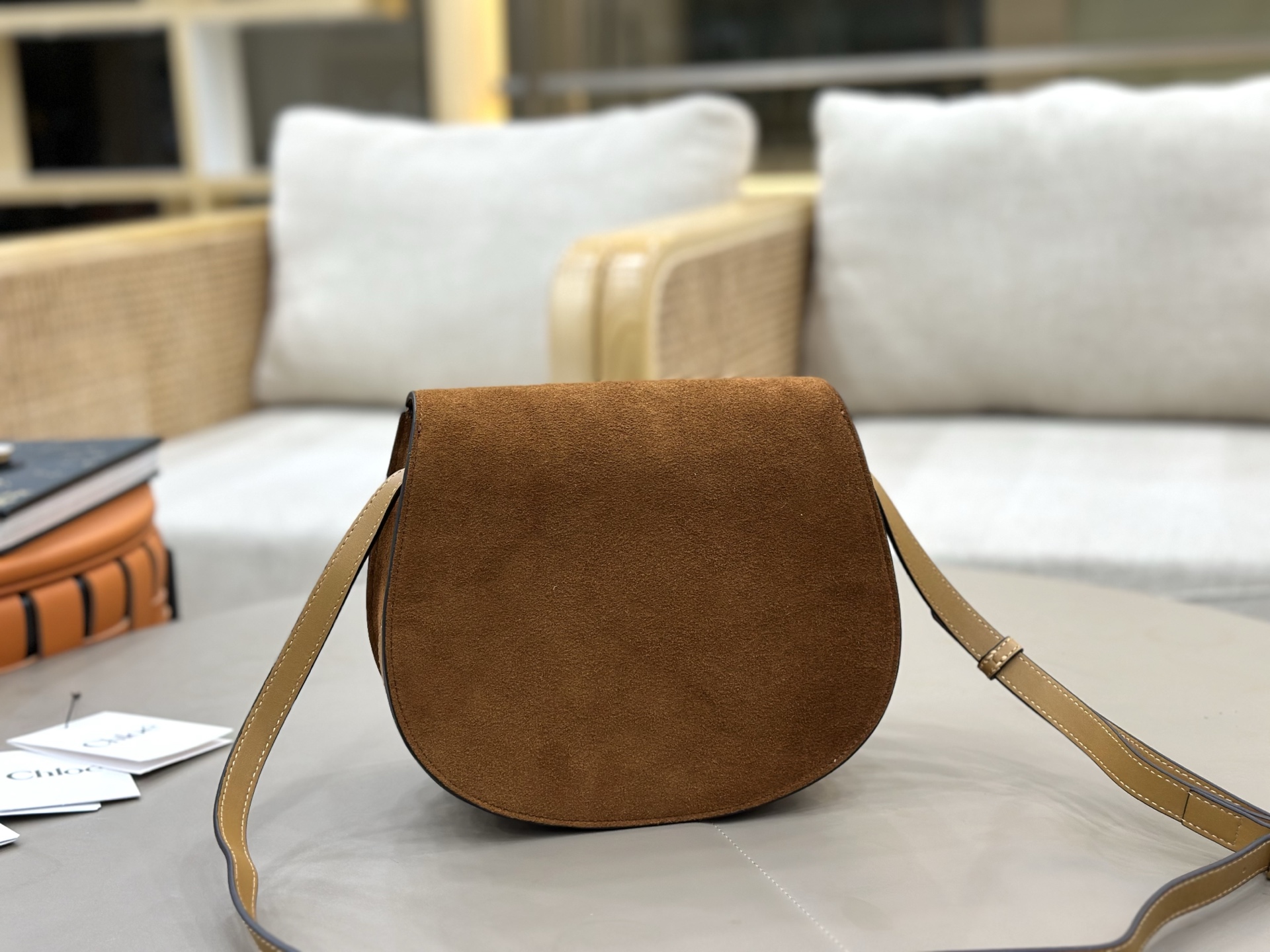 Chloe Marcie Saddle Bag in Suede Calfskin-Camel