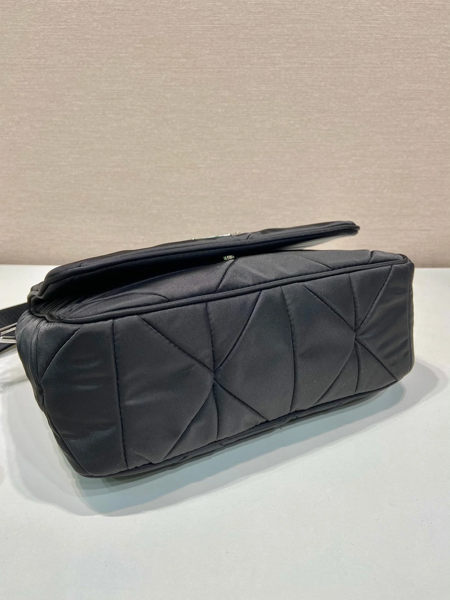 Prada MEDIUM FLAP BAG 24 IN BLACK TRIANGULAR QUILTED PATTERN RE-NYLON