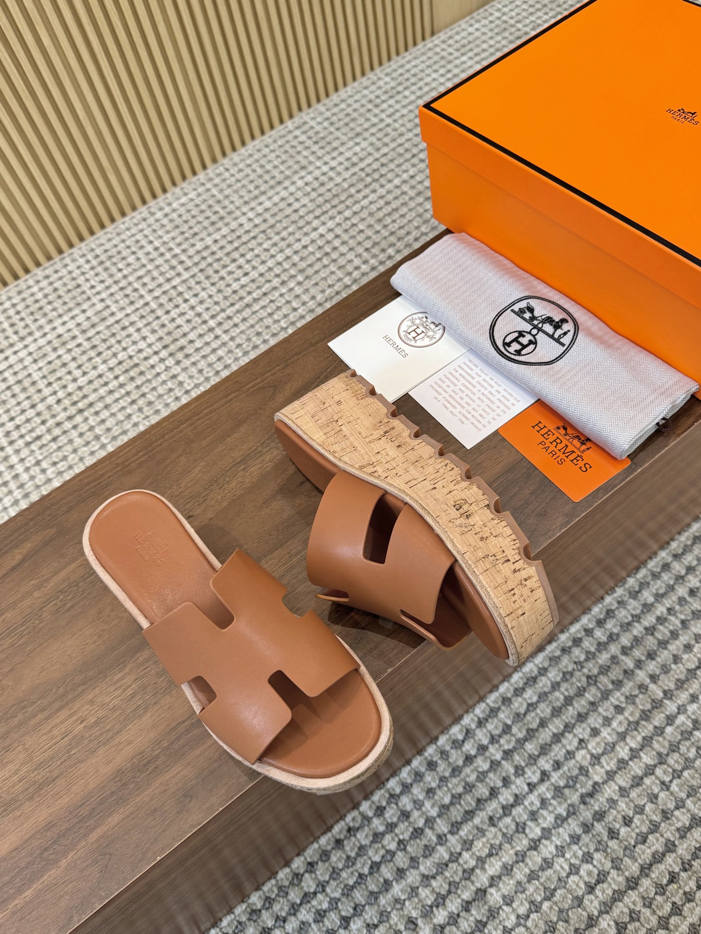 Hermès Caramel Brown Smooth Leather H-Cutout Cork Sole Slide Sandal - KAIROO