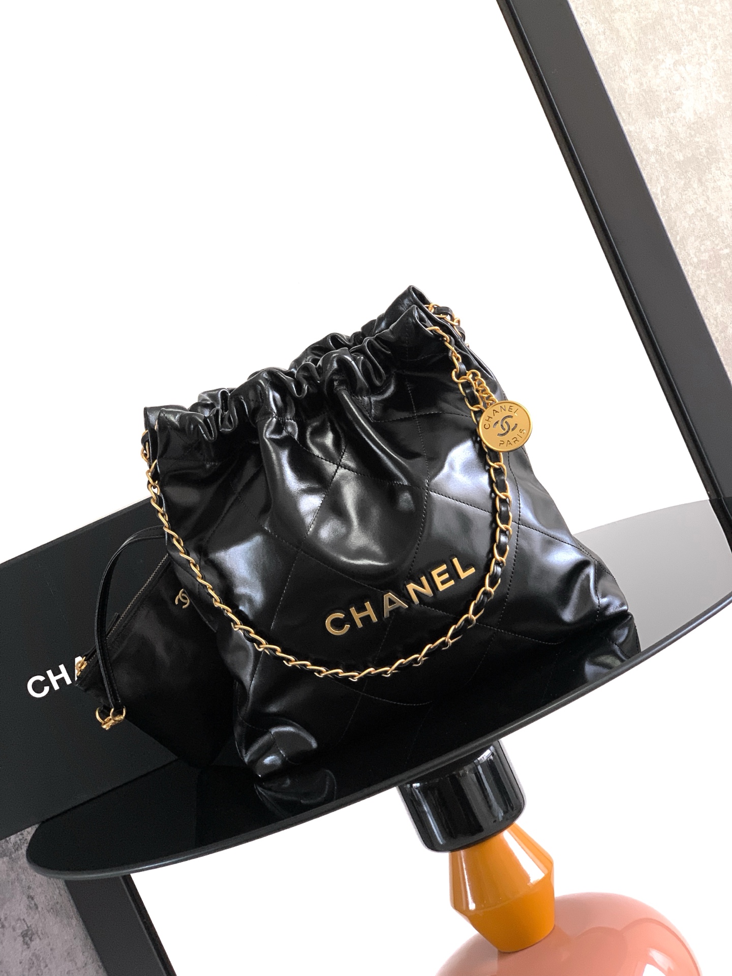 Chanel 22 Small Handbag in Black Shiny Calfskin AS3260