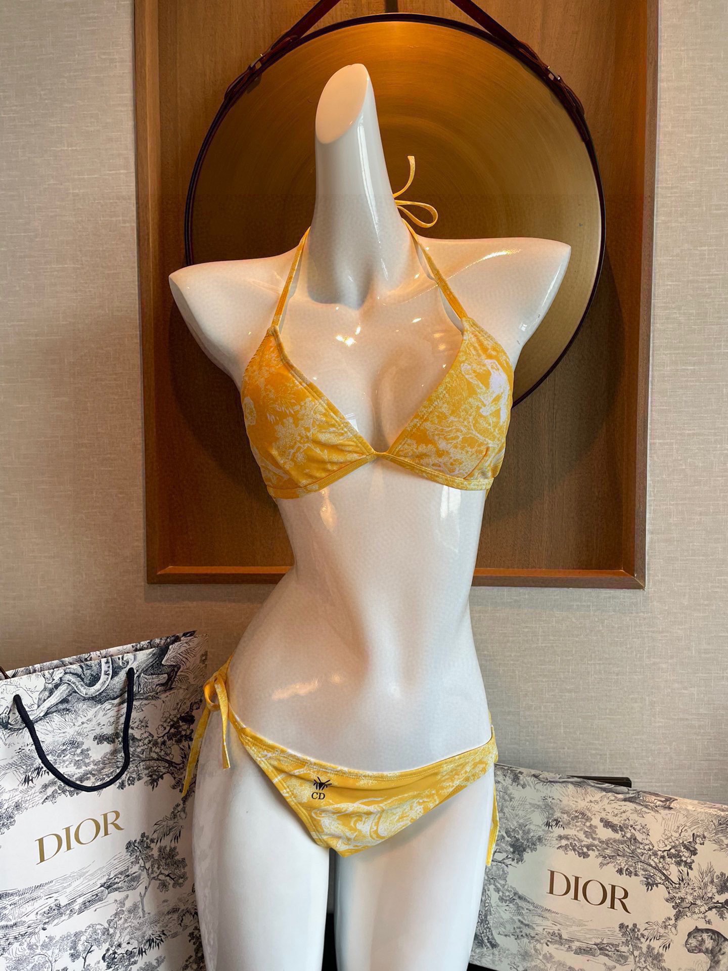 Dior Yellow Toile de Jouy Print Tie Strap Triangle Bikini Two-Piece Swimsuit - KAIROO