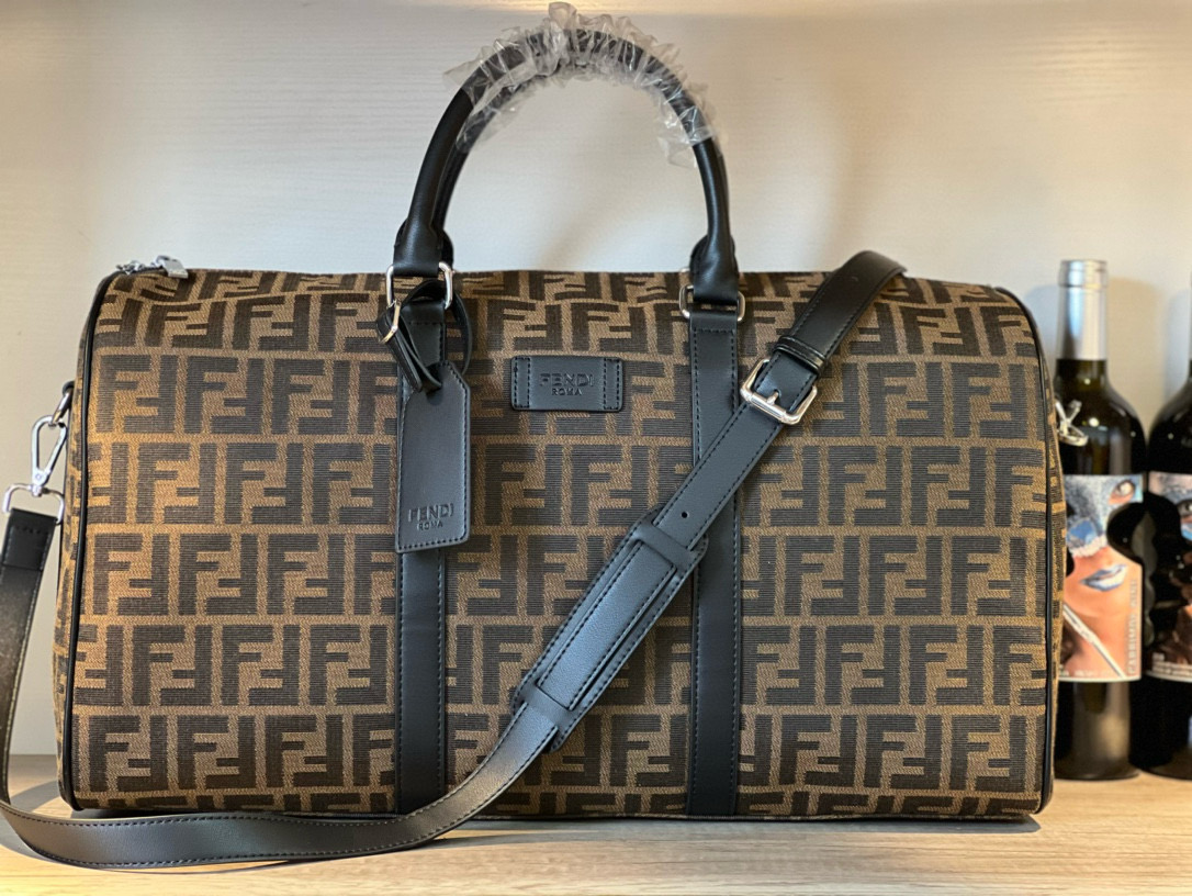 Fendi Classic FF Monogram Jacquard Fabric Travel Boston Bag - KAIROO