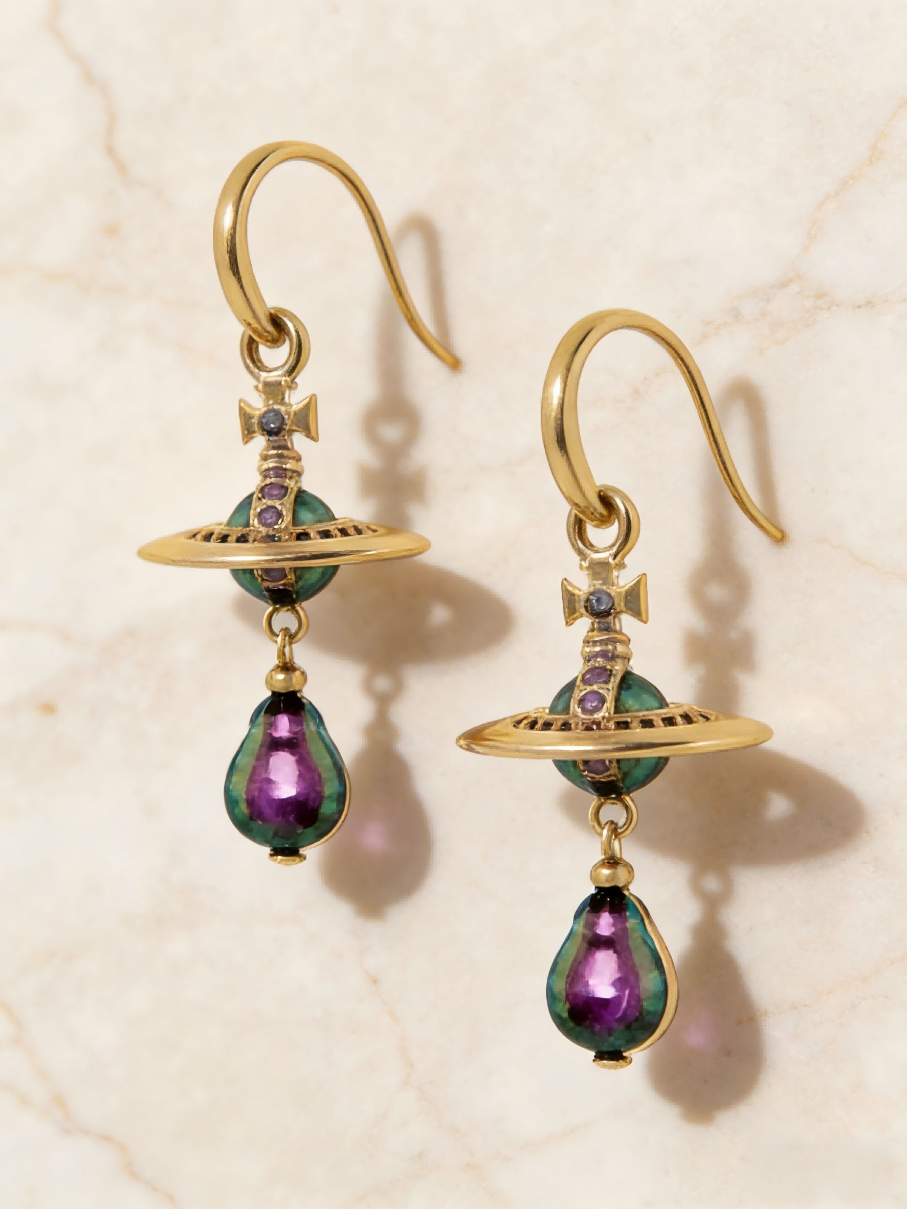 2026 New Gold-Tone Celestial Drop Earrings, Iridescent Purple-Green Bead Accent, Glam Statement Jewelry for Party & Holiday