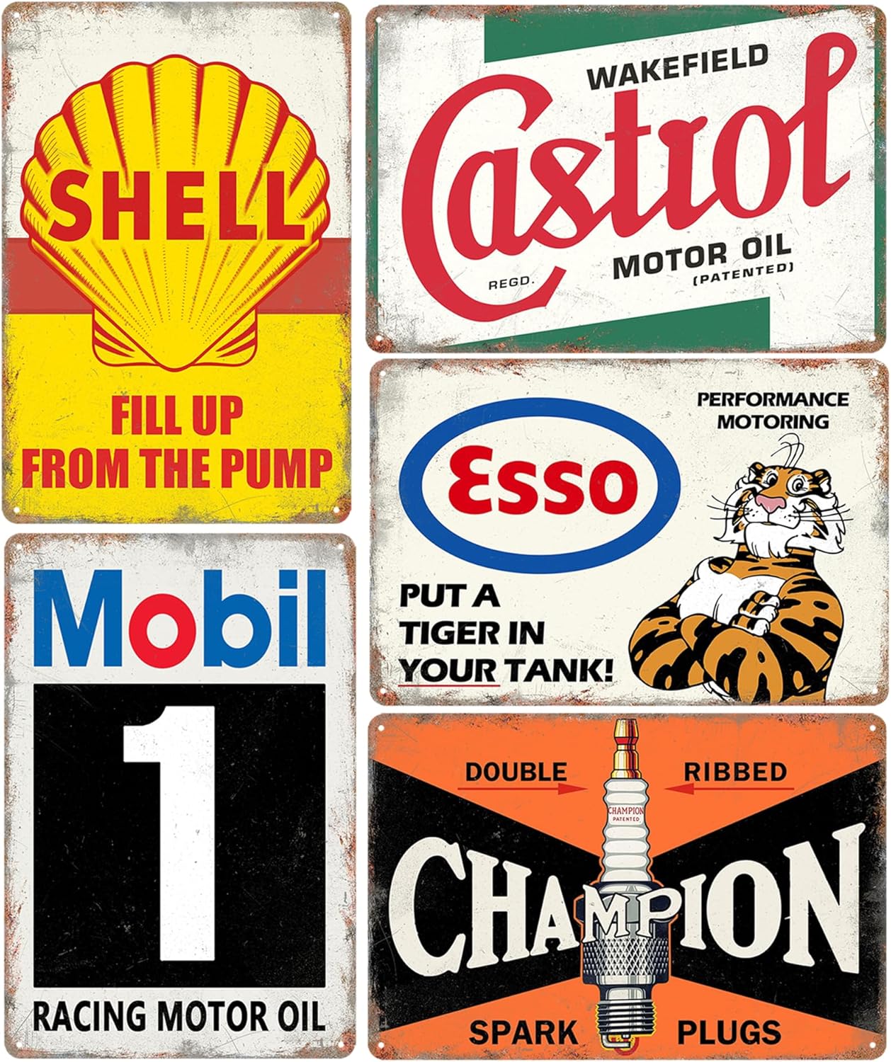 Vintage Metal Tin Signs Garage Signs, Man Cave Accessories Old Car Posters Motor Oil Antique Gas Oil Sign Tiki Bar Decor 8 x 12 Inch（5pcs）