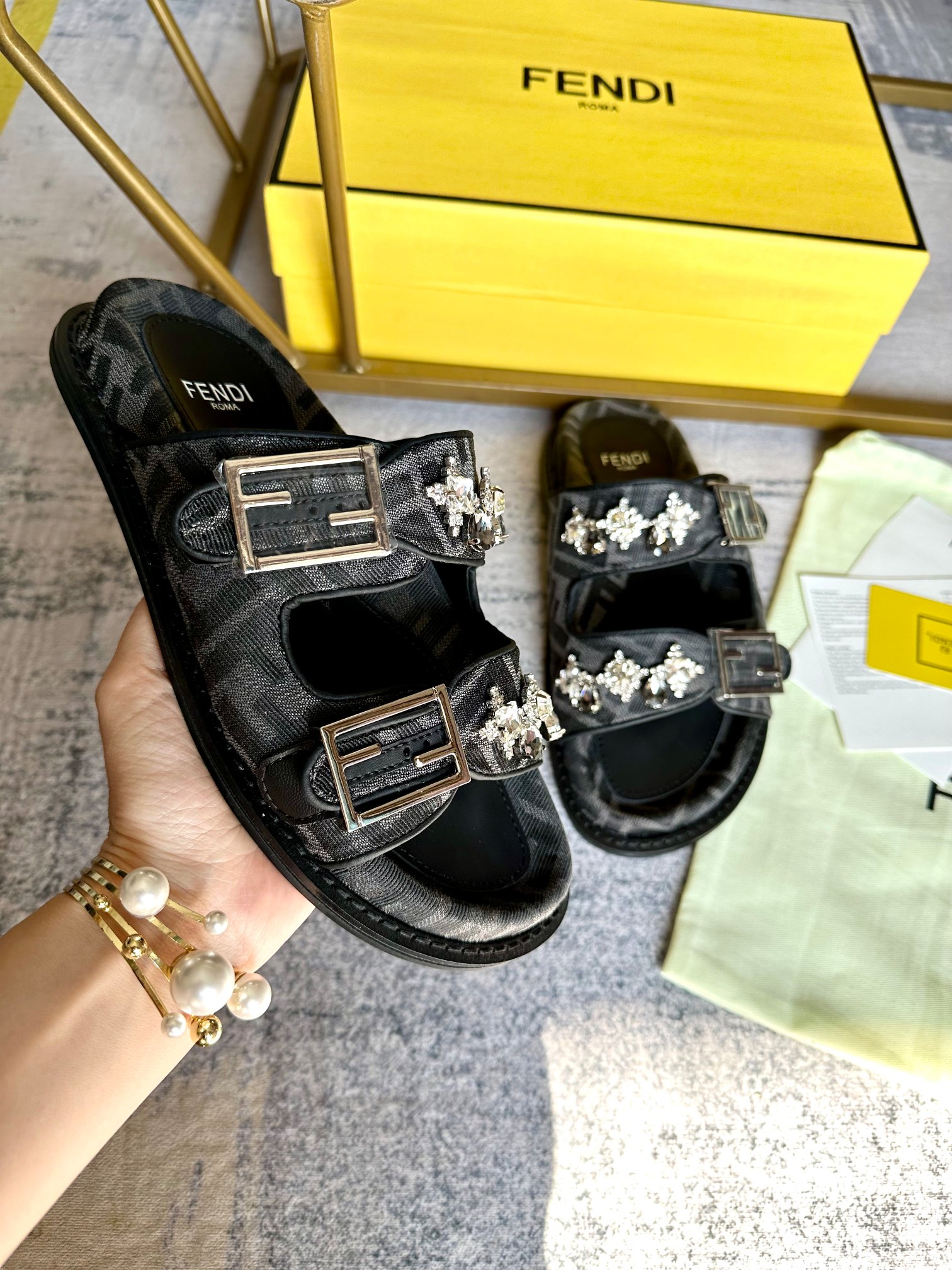 Fendi FF Dark Grey Jacquard Monogram Canvas Crystal Flower Embellishmen Dual Buckle Strap Slide Sandal - KAIROO