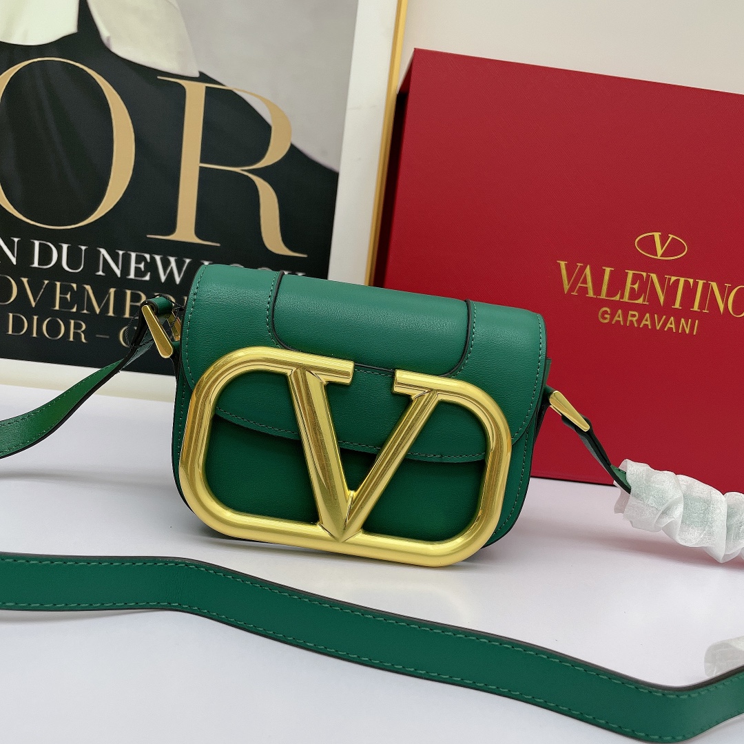 Valentino Mini& Small Oversized VLogo Signature Green Leather Maxi Gold Hardware Flap Shoulder Bag - KAIROO