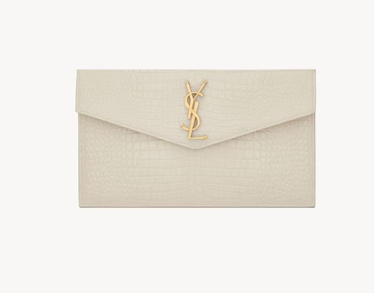 Saint Laurent White Uptown Small Clutch in Crocodile Embossed leather