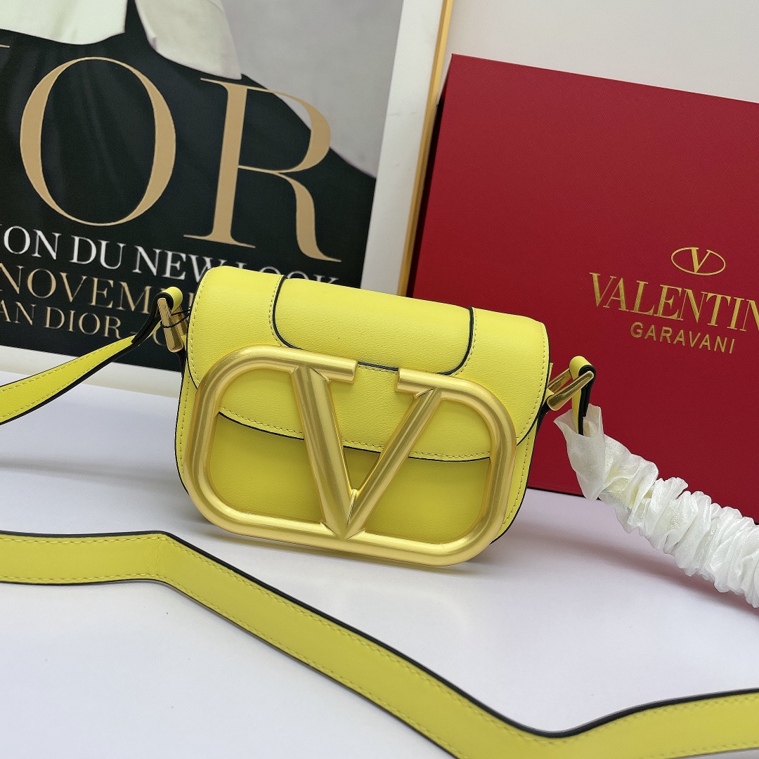 Valentino Mini Oversized VLogo Signature Neon Yellow Leather Maxi Gold Hardware Flap Shoulder Bag - KAIROO
