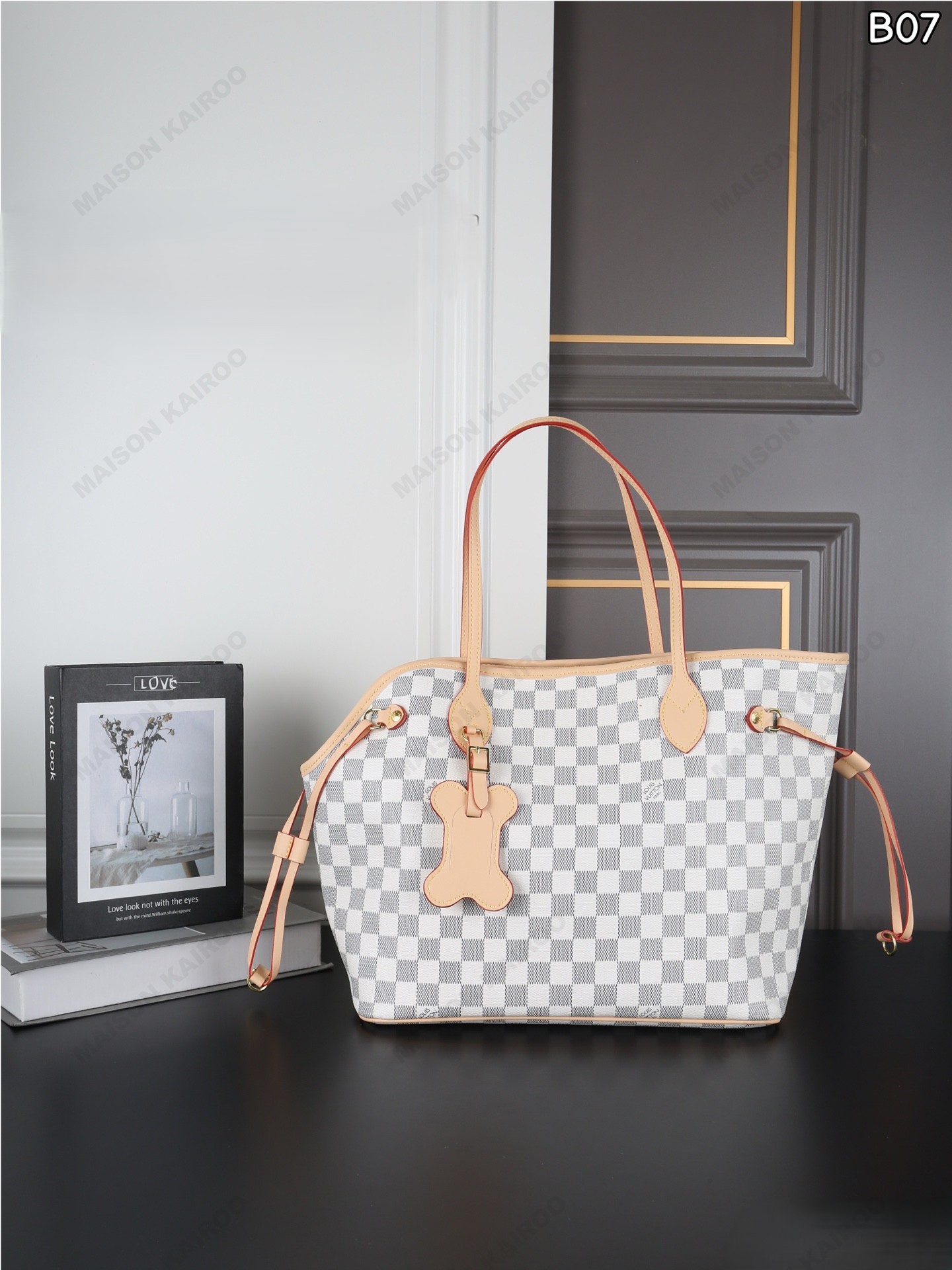 Louis Vuitton LV Neverwoof MM Damier Azur White Checkered Canvas Bone Charm Pet Carrier Tote Bag - KAIROO