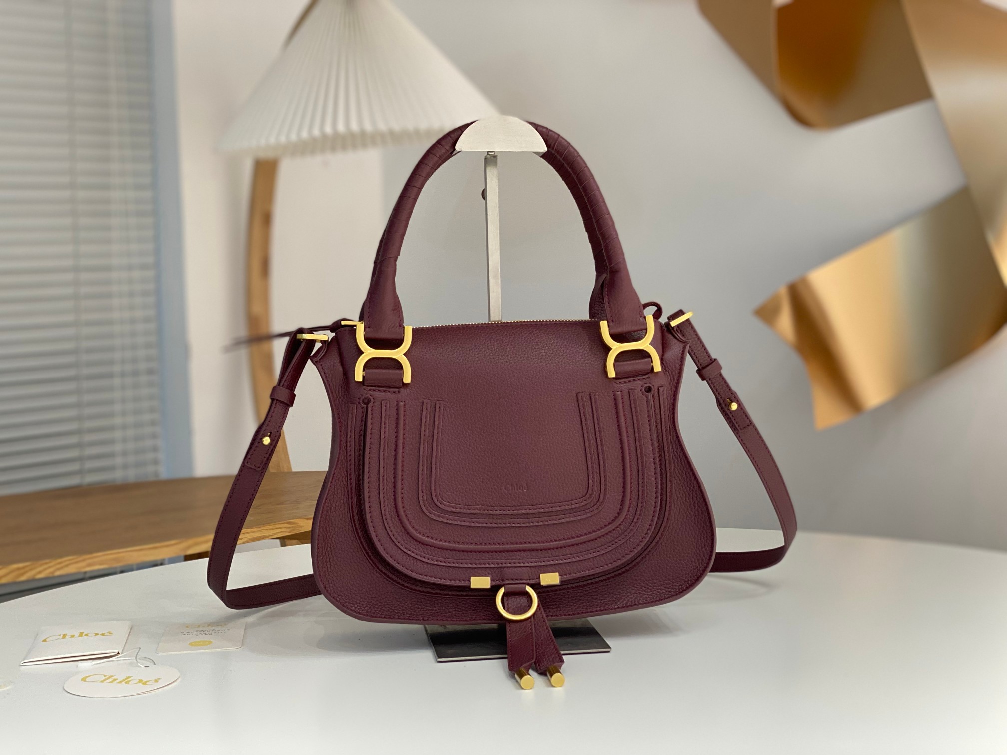 Chloe Small Marcie Bag in Grained Leather-Burgundy