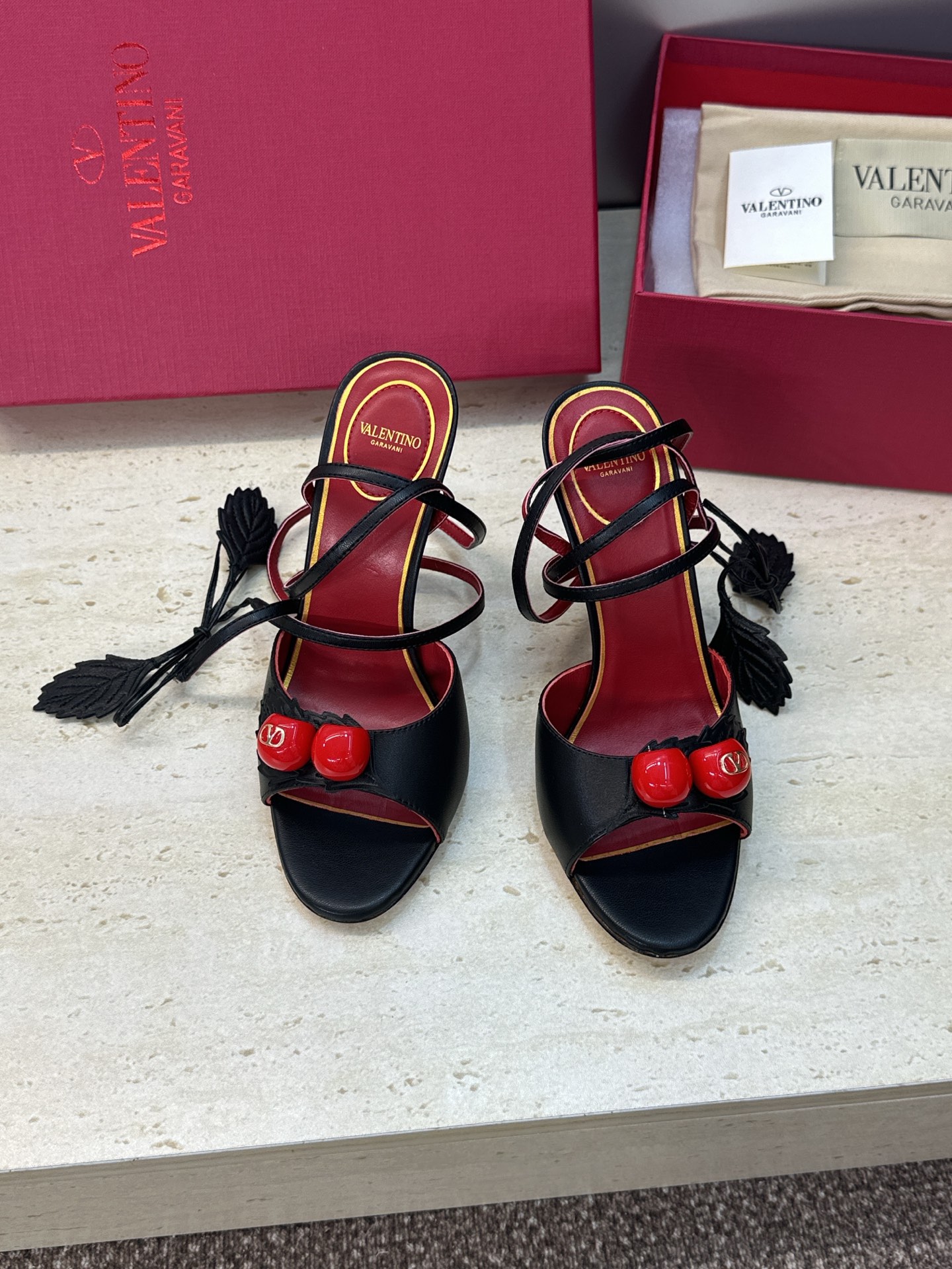 Valentino Garavani Black Cherry Leather Leaf Charm Metallic Leather Stiletto Toe Heel Sandals - KAIROO