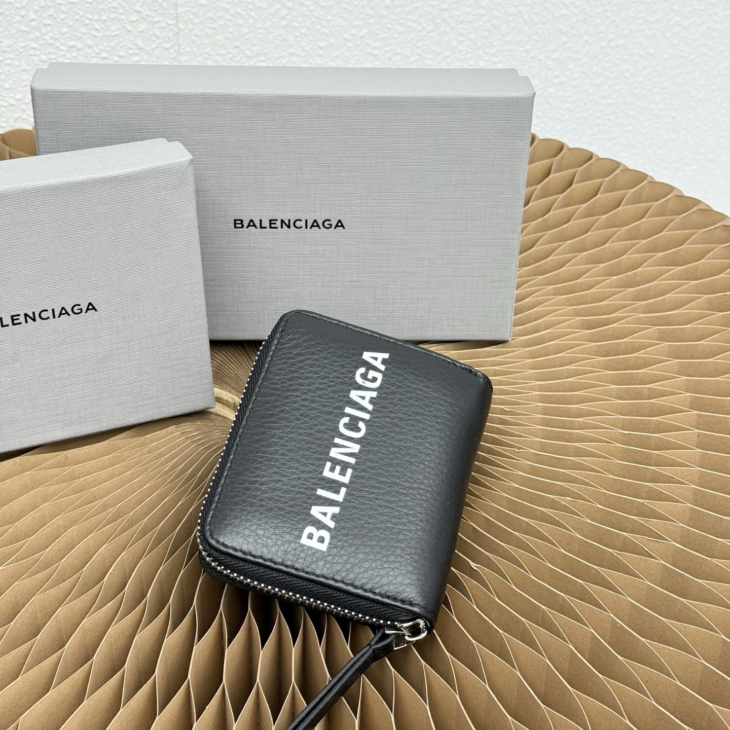 Balenciaga Everyday Black Printed Logo Grained Leather Zip Around Coin Card Case Short Wallet - KAIROO