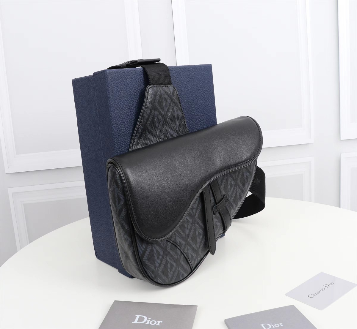 Dior Shoulder Bags SADDLE BAG Black CD Diamond Canvas and Smooth Calfskin with Original Bo*
