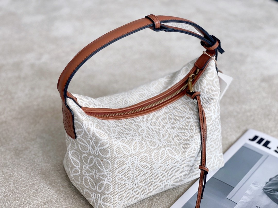Loewe White Tan Anagram Jacquard Canvas Adjustable Leather Strap Lunch Cubi Bag - KAIROO