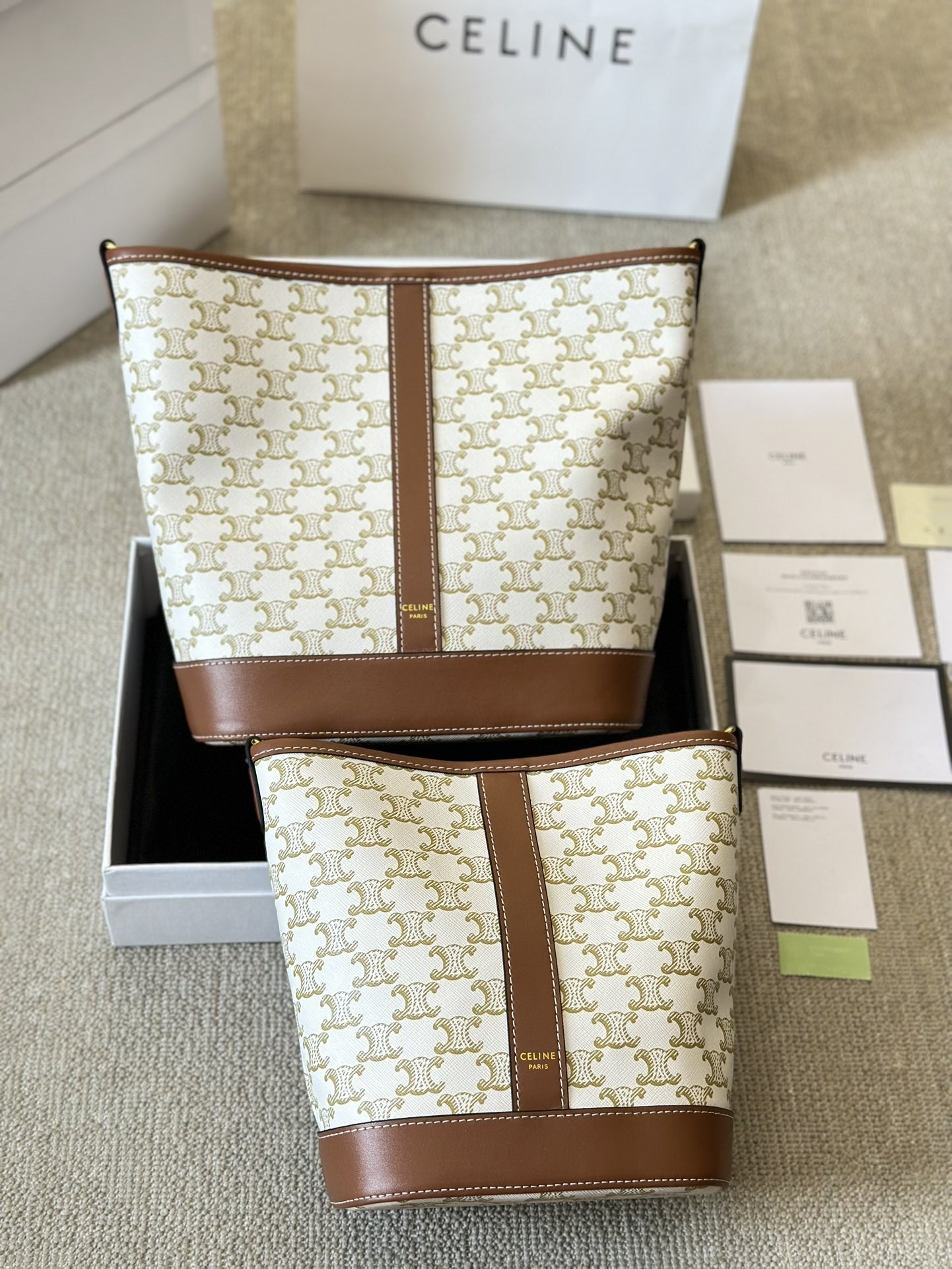 Celine White& Tan Triomphe Monogram Canvas Leather Bottom Shoulder Bucket Tote Bag - KAIROO