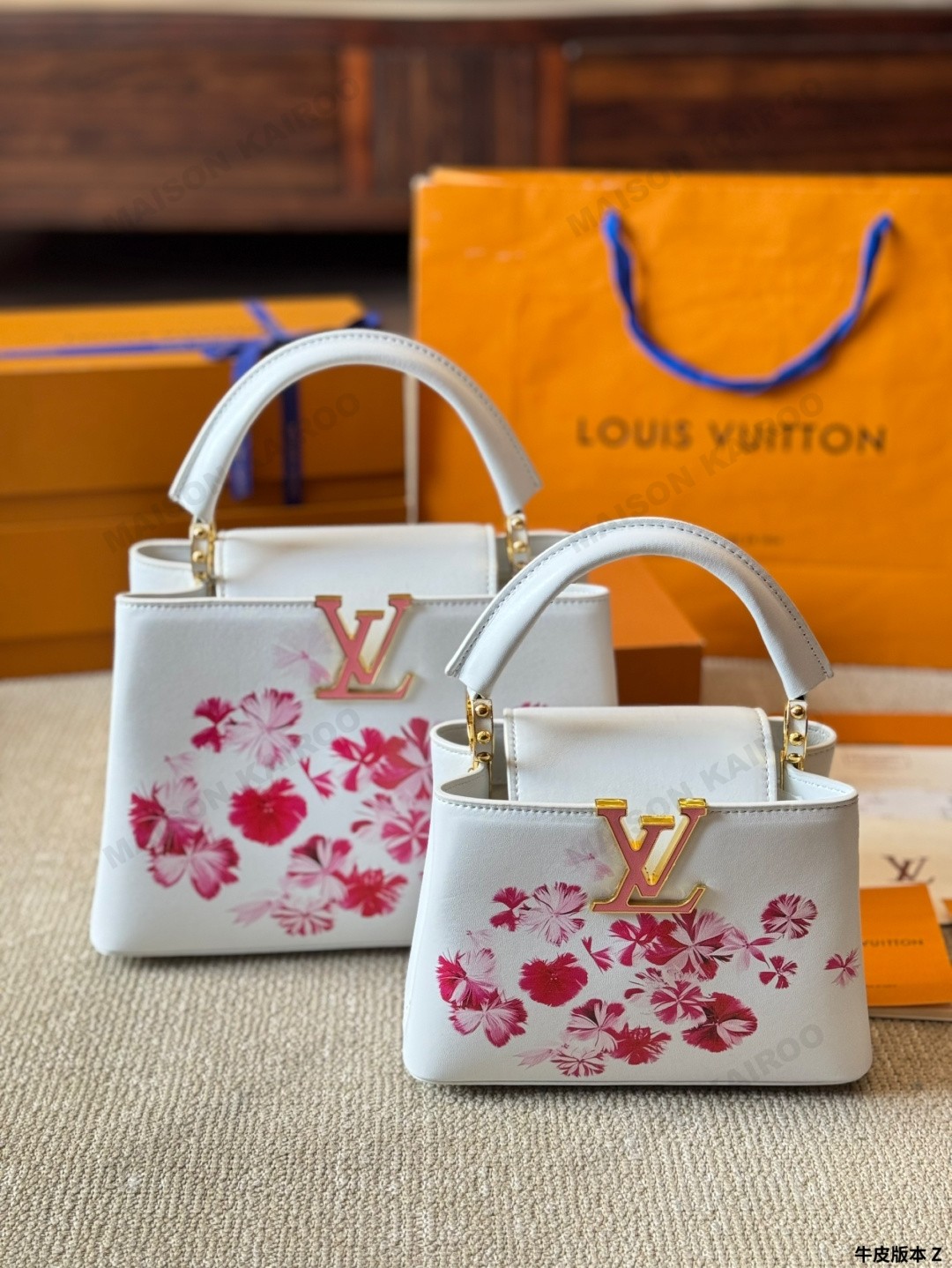 Louis Vuitton LV Capucines BB/Mini White Fuchsia Floral Print Taurillon Leather Enamel Logo Top Handle Bag - KAIROO