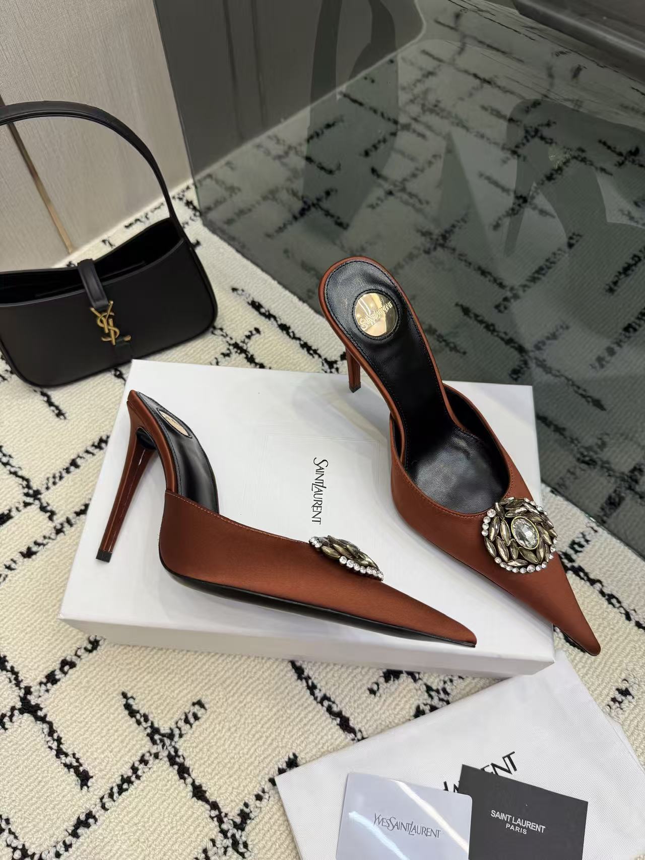 Saint Laurent YSL Amber Brown Pointed Toe Satin Crystal Brooch Stiletto Heel Mules Sandals - KAIROO