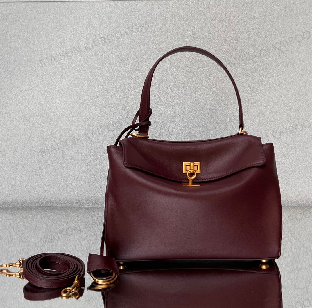 【10A】Balenciaga Rodeo Burgundy Wine Slouchy Smooth Leather Gold Turn Lock Kelly Tote Top Handle Bag - KAIROO