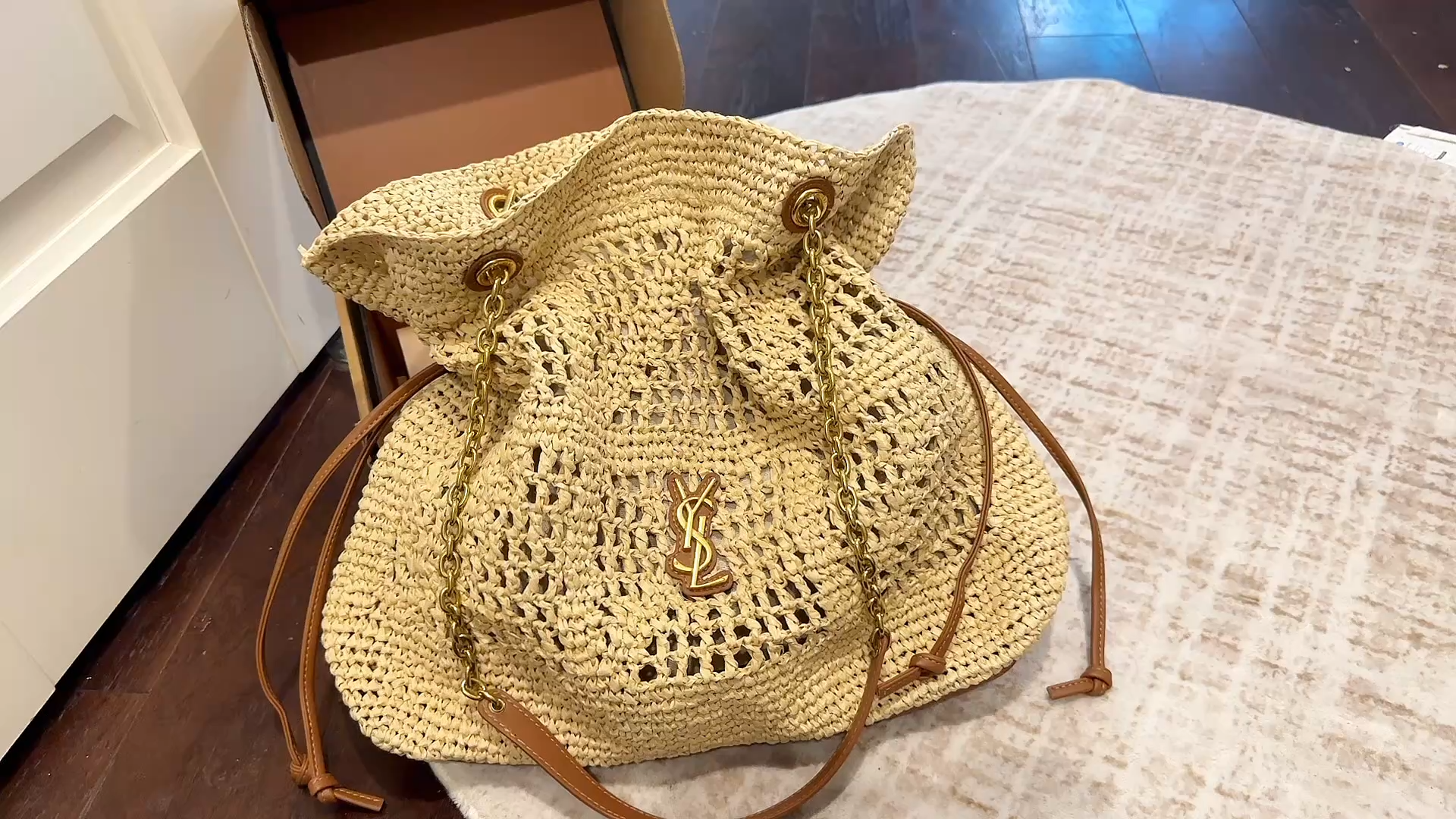Saint Laurent YSL Crochet Weave Raffia Leather trim Logo Gold Chain Drawstring Hobo Bucket Tote Bag - KAIROO