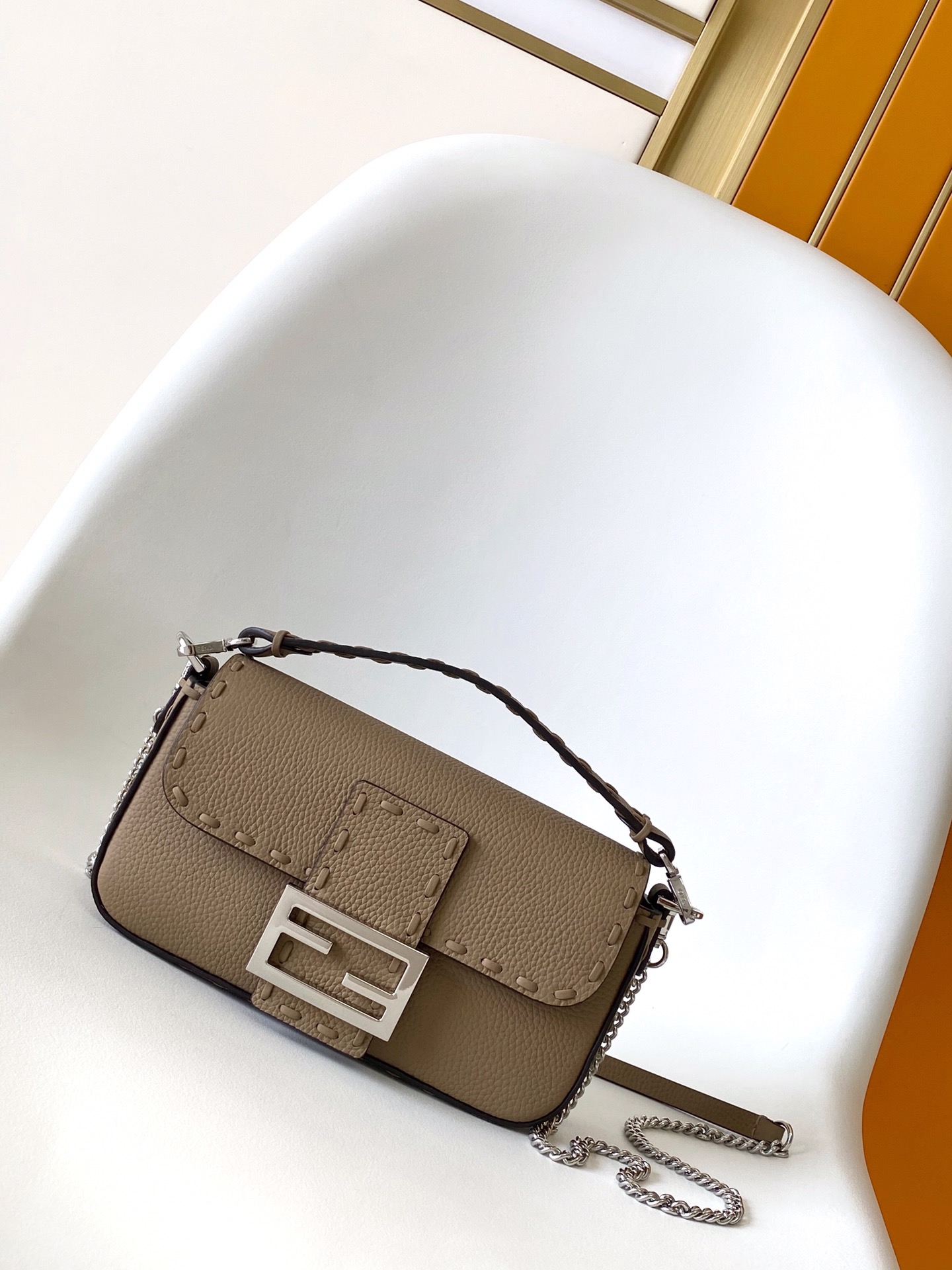Fendi Mini Selleria Baguette Leather Bag-Light Grey