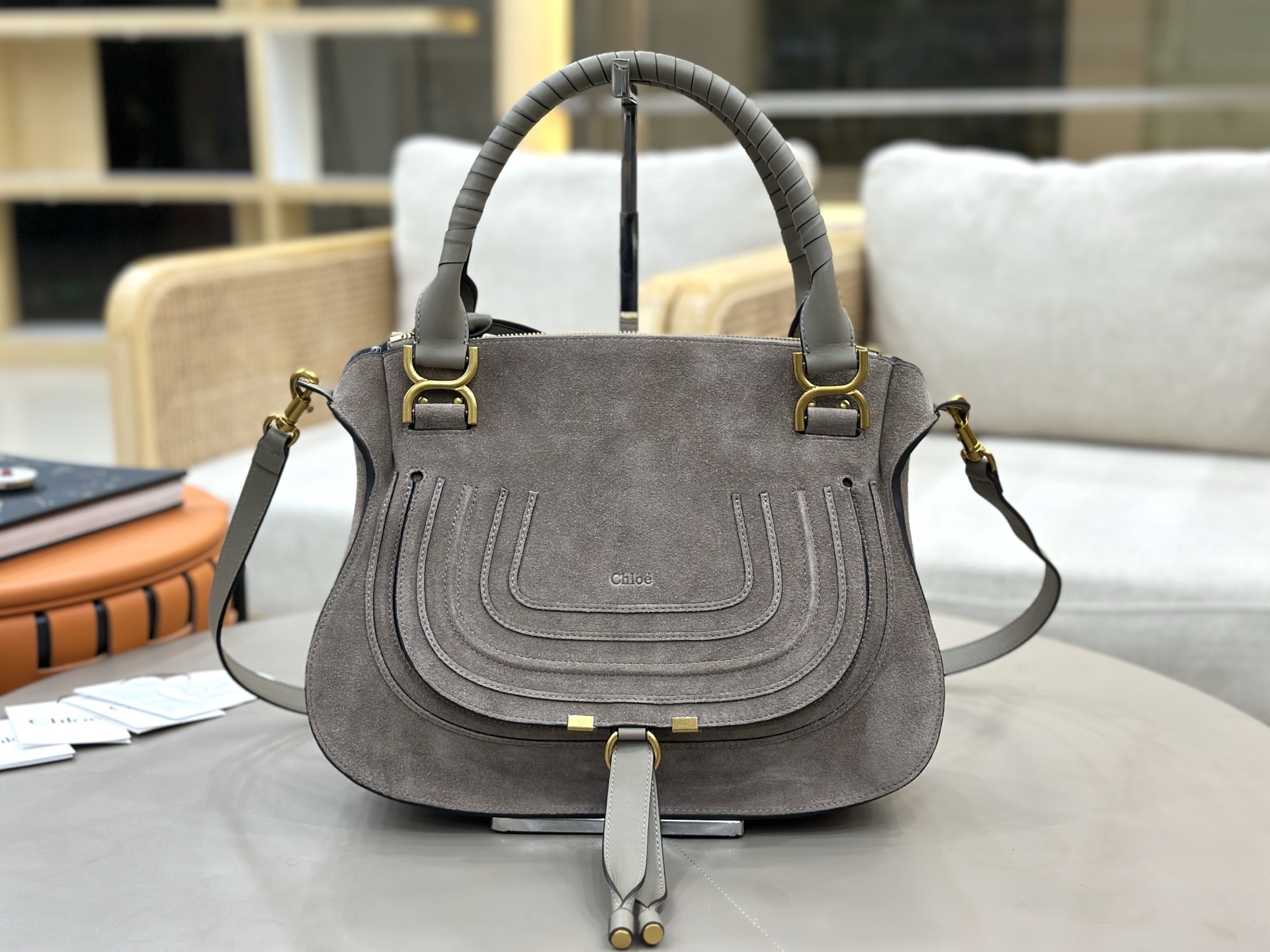 Chloe Small Marcie Bag in Suede Leather-Grey