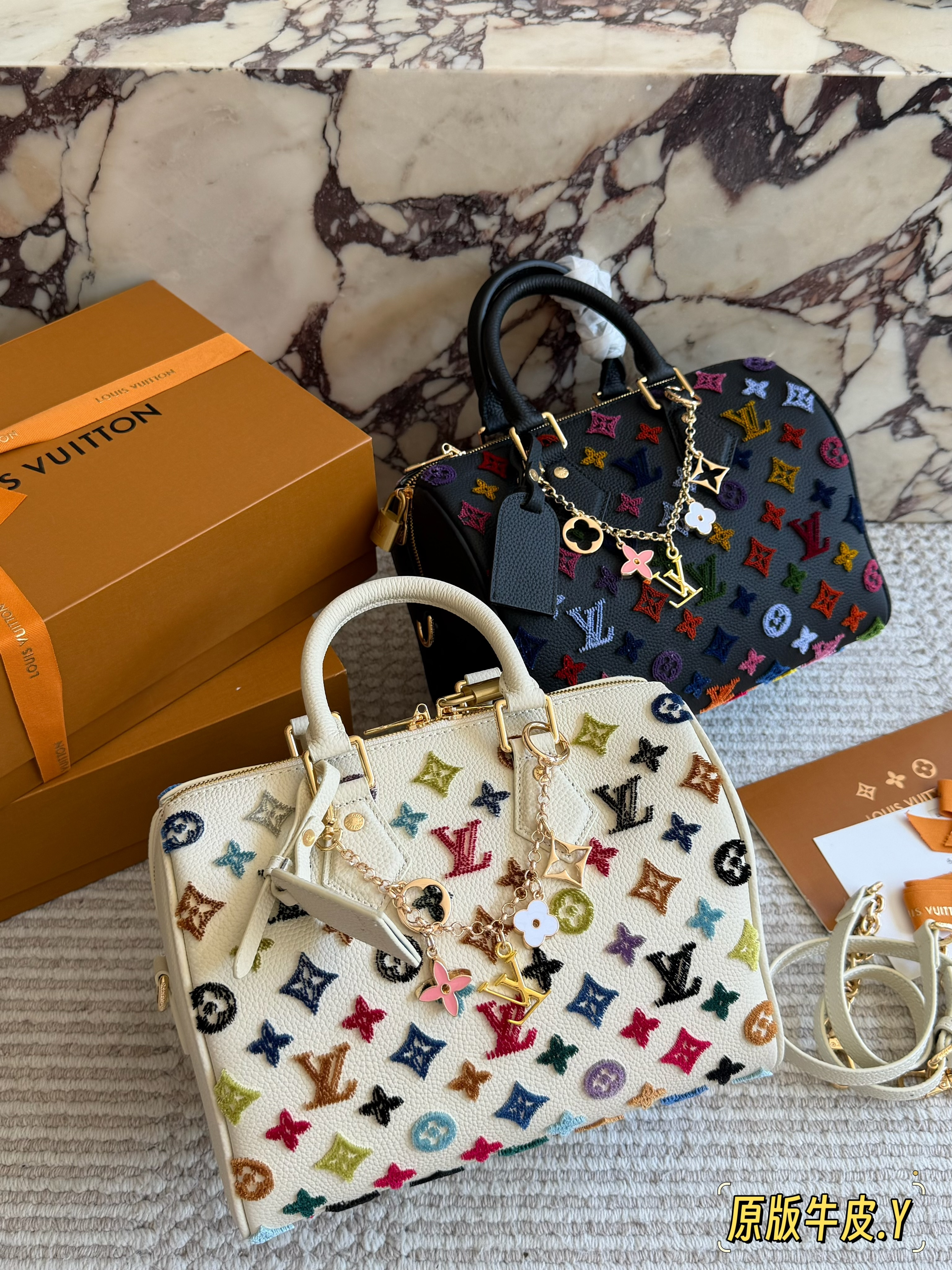 Louis Vuitton LV x TM Speedy 25/30 Multicolor Embroidery Monogram Logo Charms Chain Boston Top Handle Bag - KAIROO