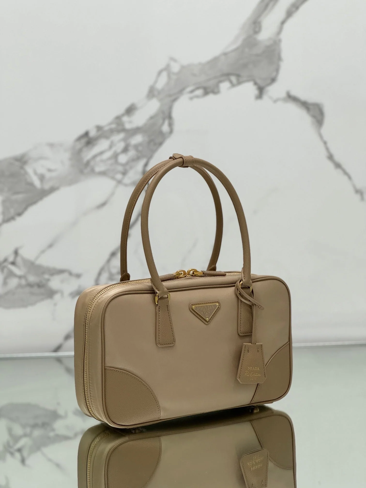 Prada LARGE TOP HANDLE BAG 35 IN DRIED MOSS NYLON AND CALFSKIN TRIM