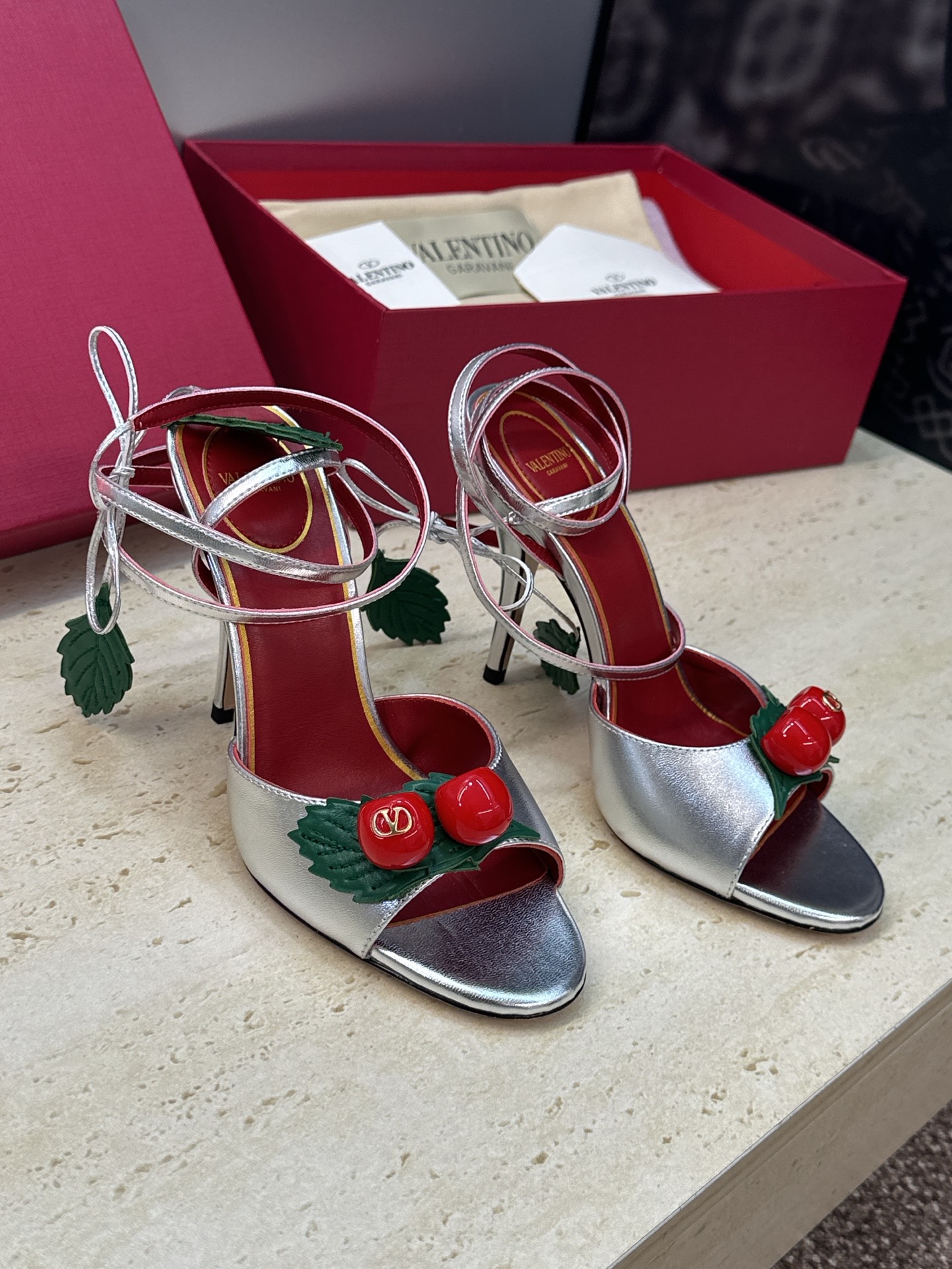 Valentino Garavani Silver Cherry Leather Leaf Charm Metallic Leather Stiletto Toe Heel Sandals - KAIROO