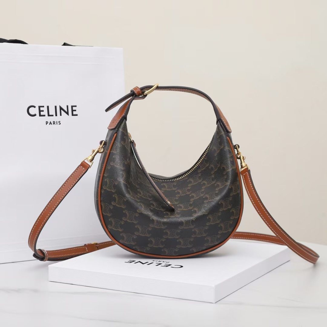 Celine Small Tan Lulu Triomphe Canvas Adjustable Handle Moon Shaped Shoulder Bag - KAIROO