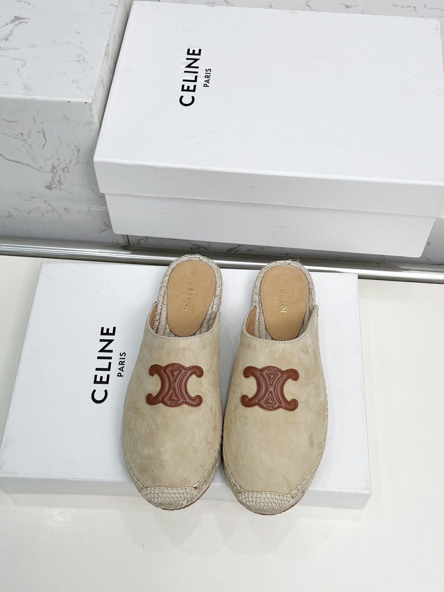 Celine Triomphe Leather Patch Canvas Espadrille Closed Toe Espadrille Sole Mules Slippers - KAIROO