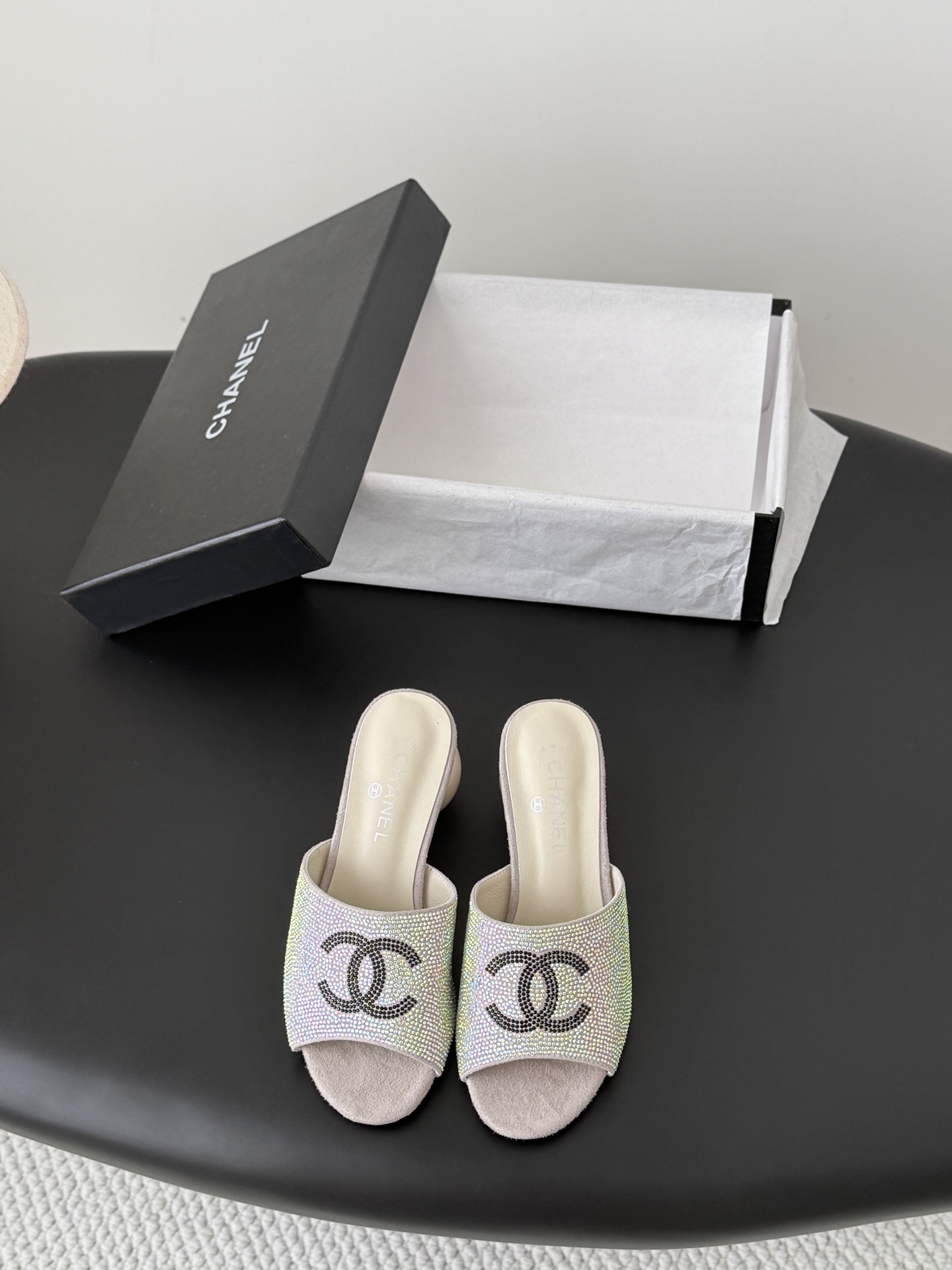 Chanel Crystal Embellished Interlocking CC Logo Suede Leather Pearl Ball Heel Open-Toe Mules - KAIROO