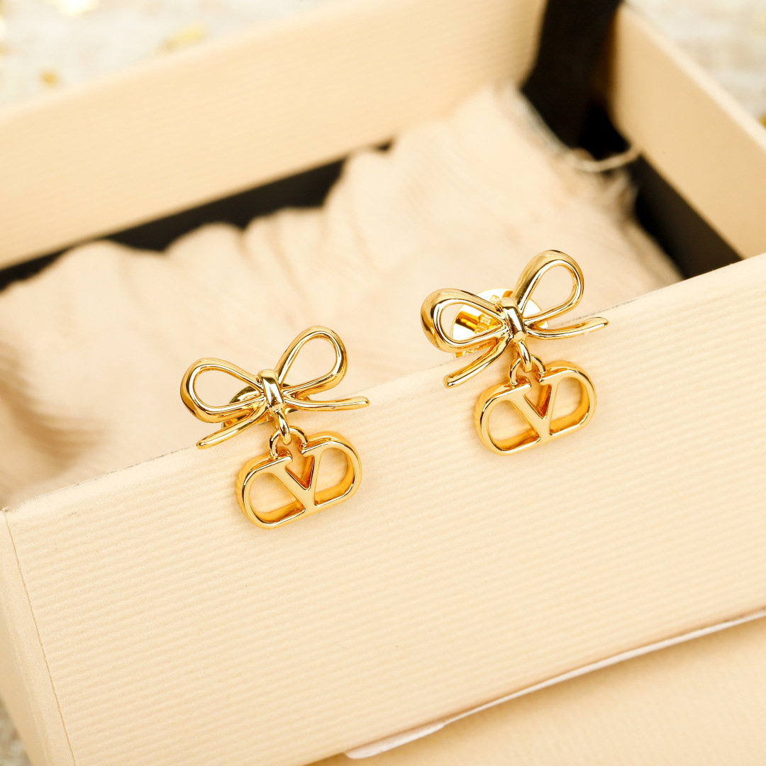 Valentino Garavani VLogo Drop Gold Metal Bow Ribbon Pendant Earrings - KAIROO