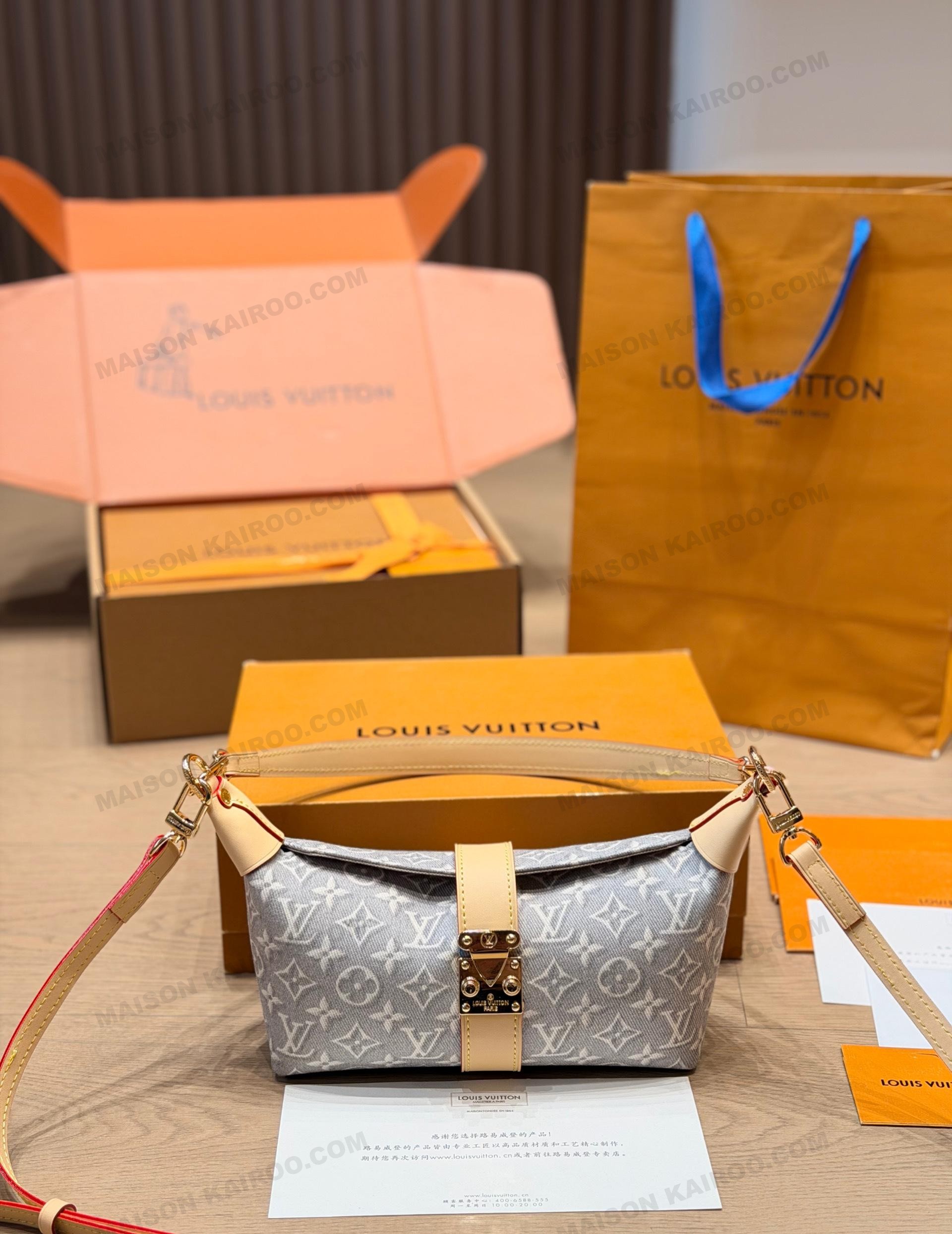 Louis Vuitton LV Pochette Mia Light Grey Denim Monogram S-Lock Horizontal Baguette Hobo Croissant Shoulder Bag - KAIROO